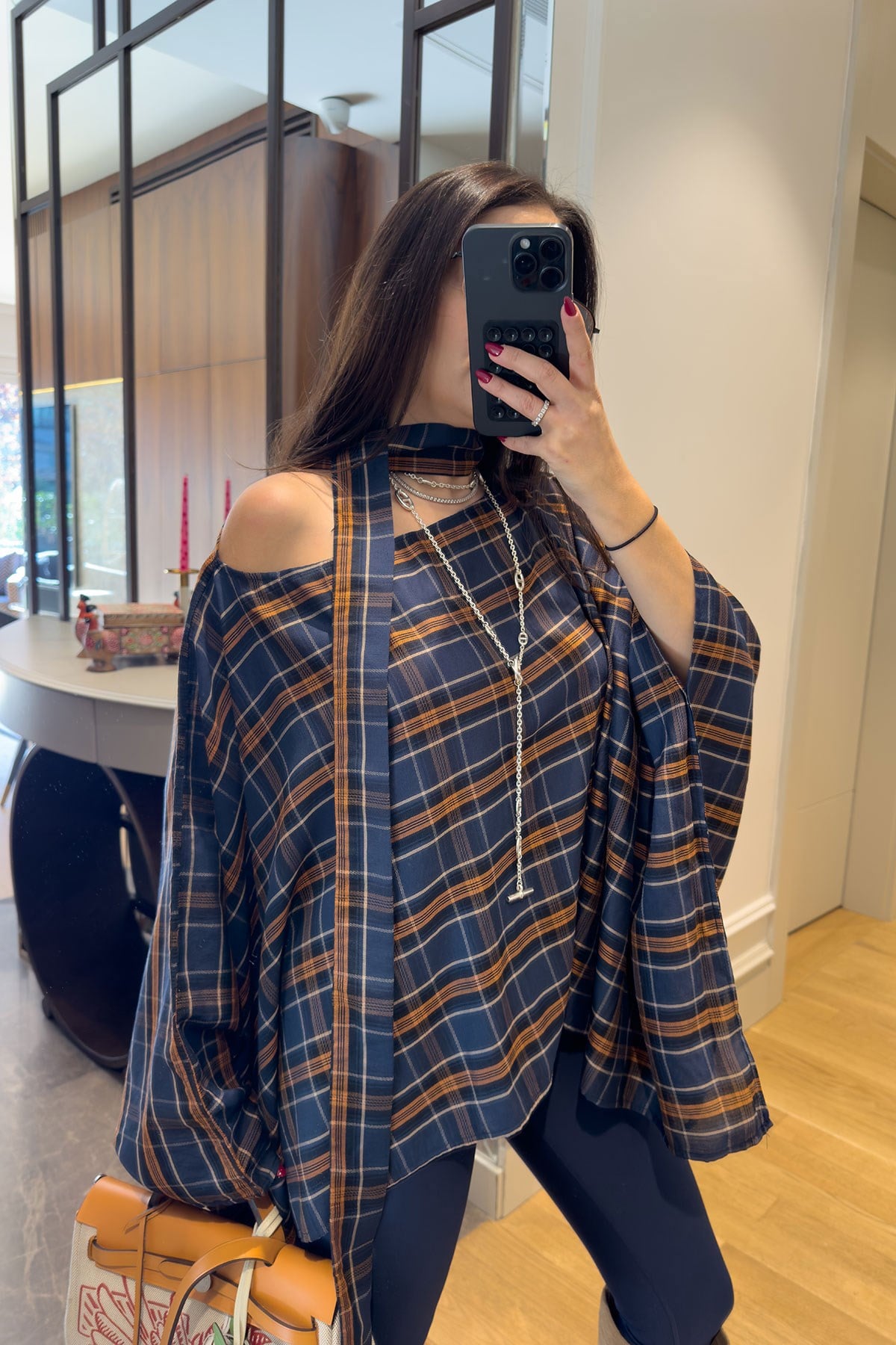 Kuşak Detay Oversize Panço- LACİVERT