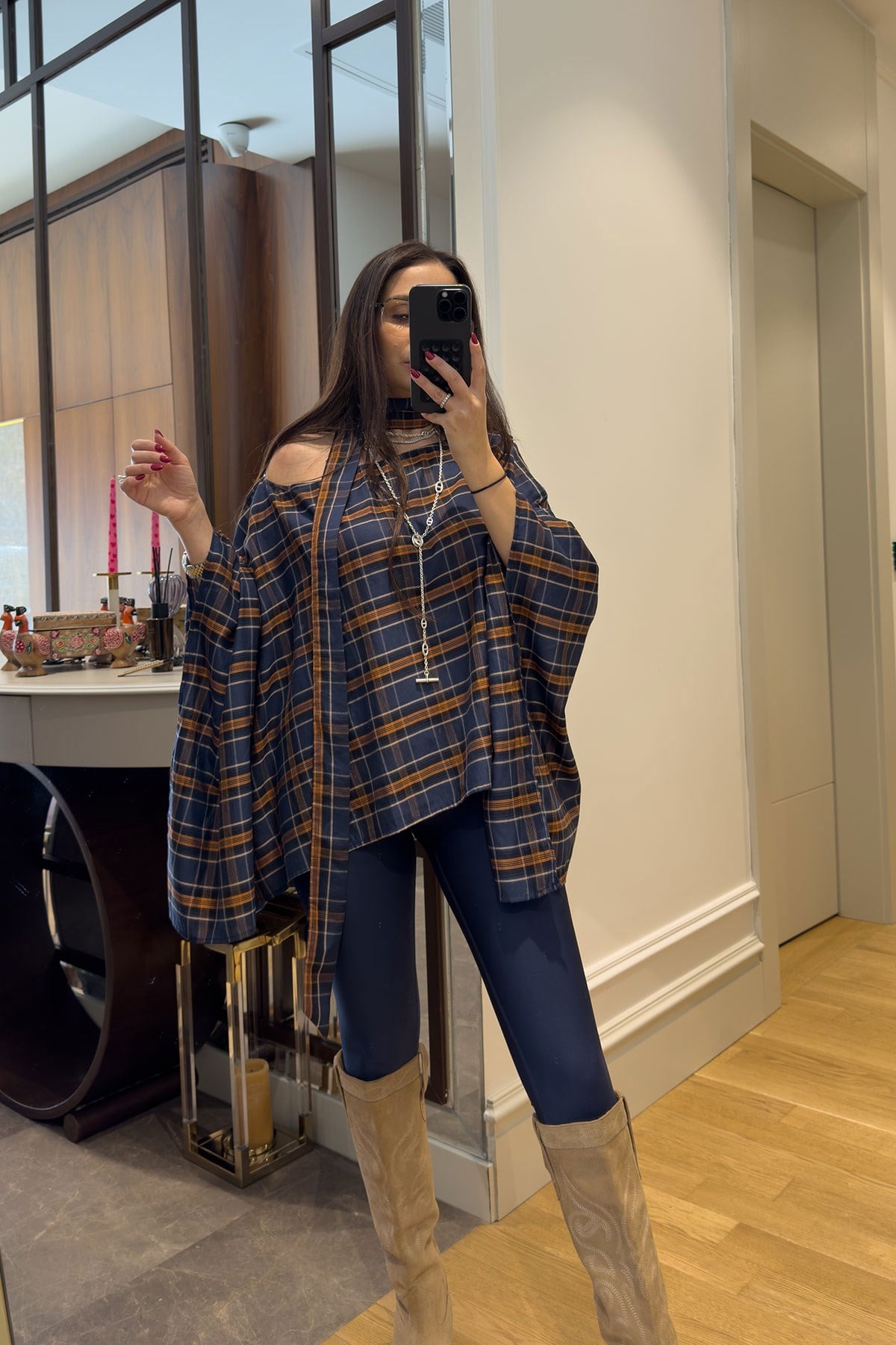 Kuşak Detay Oversize Panço- LACİVERT