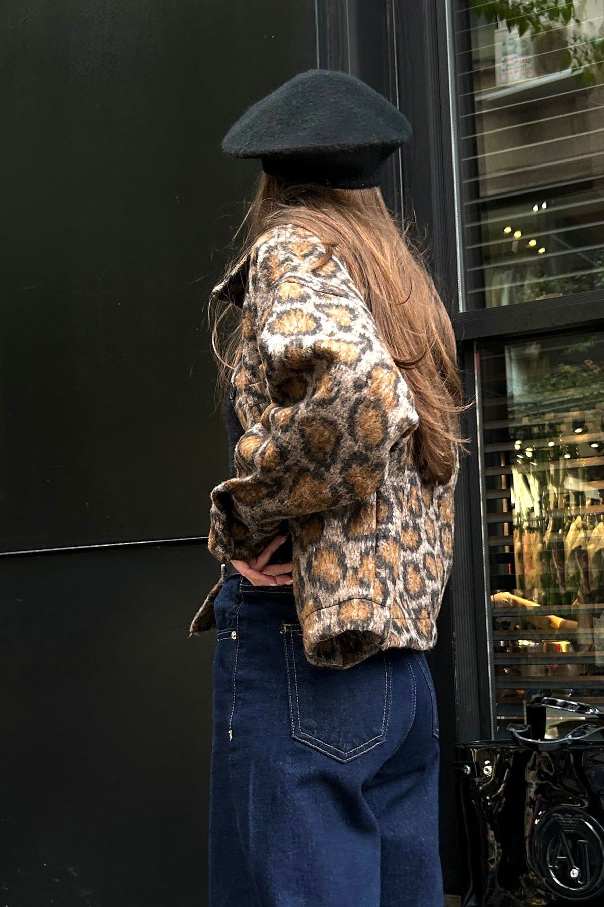 Leopar Desen Kısa Kaşe Ceket- SİYAH