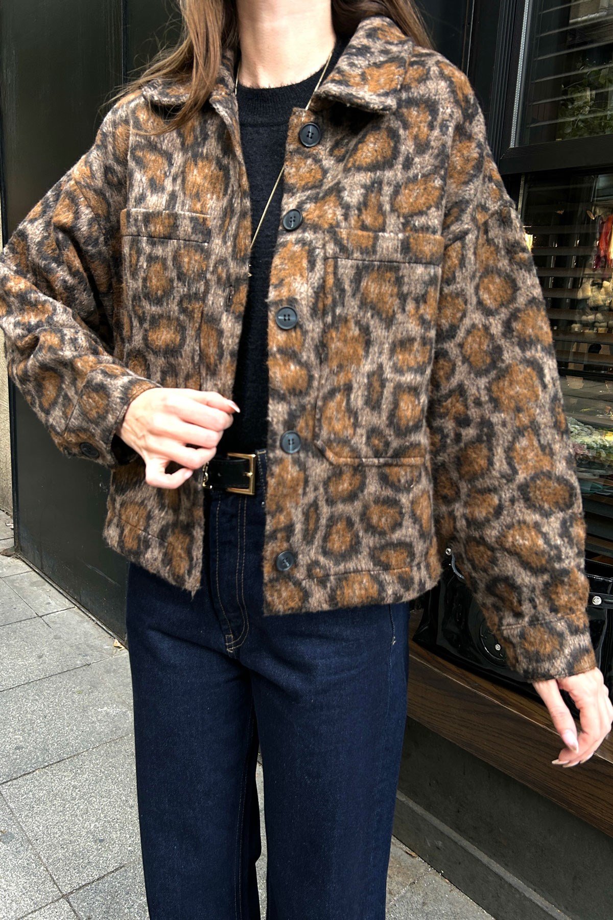 Leopar Desen Kısa Kaşe Ceket- SİYAH