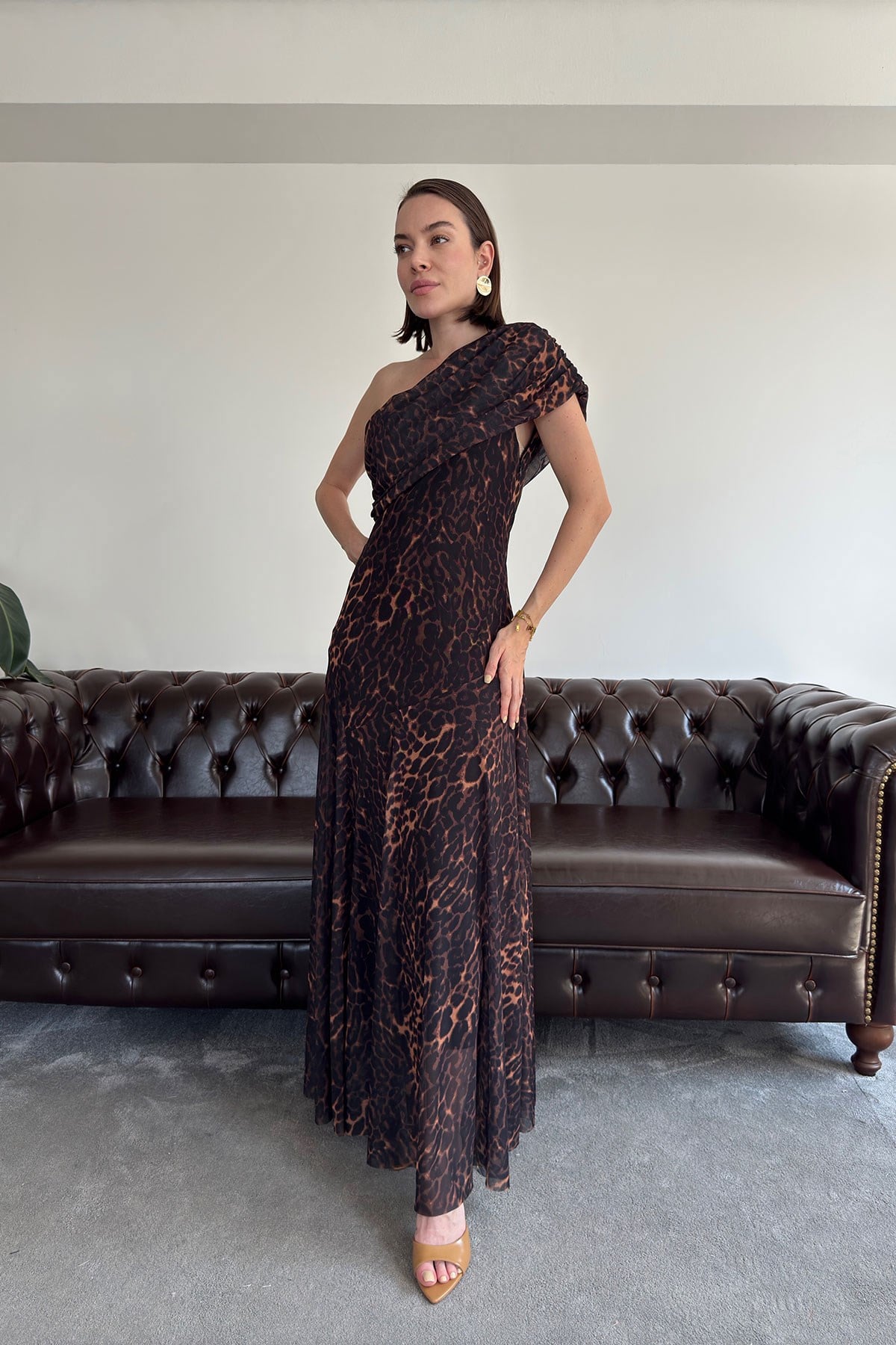 Leopar Desen Özel Seri Şifon Elbise- SİYAH
