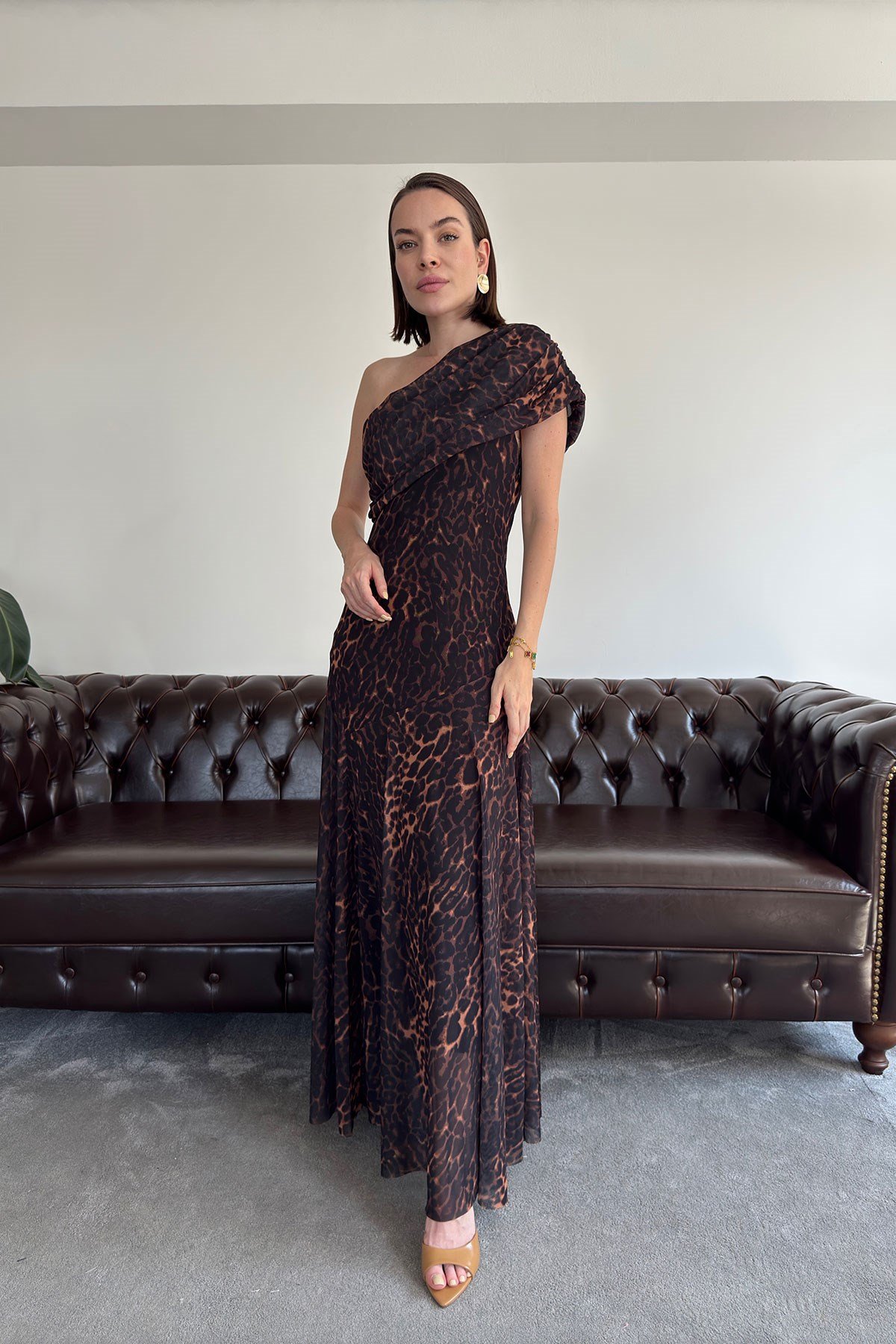Leopar Desen Özel Seri Şifon Elbise- SİYAH