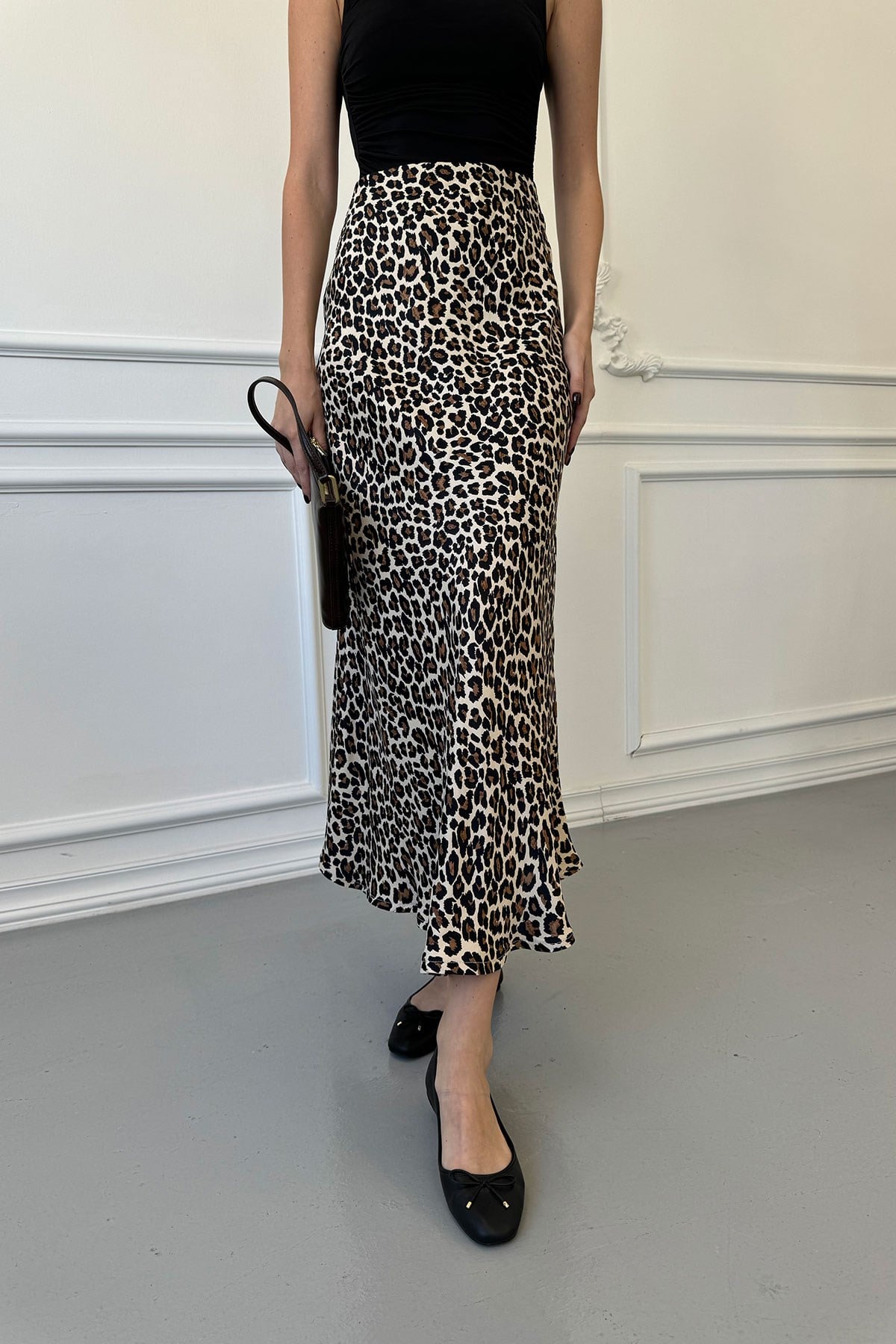 Leopar Midi Saten Etek- BEJ