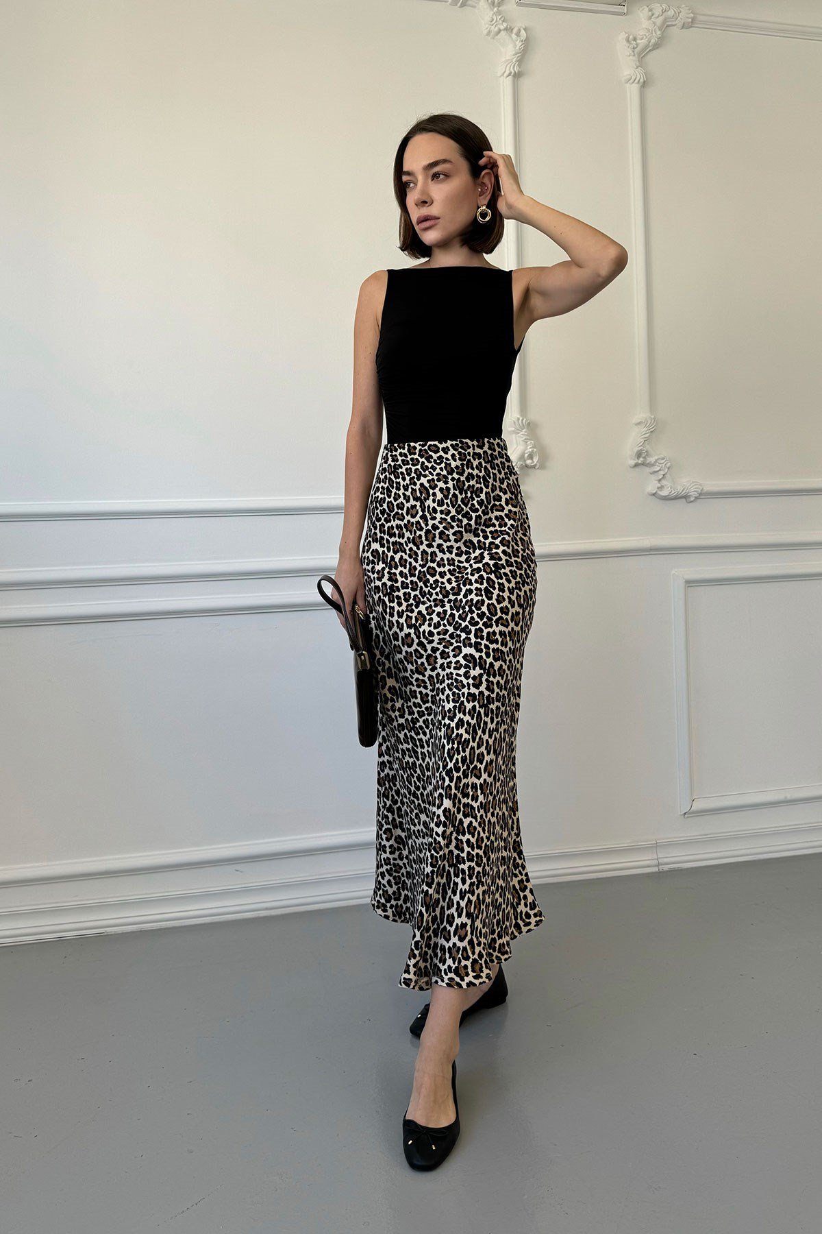 Leopar Midi Saten Etek- BEJ