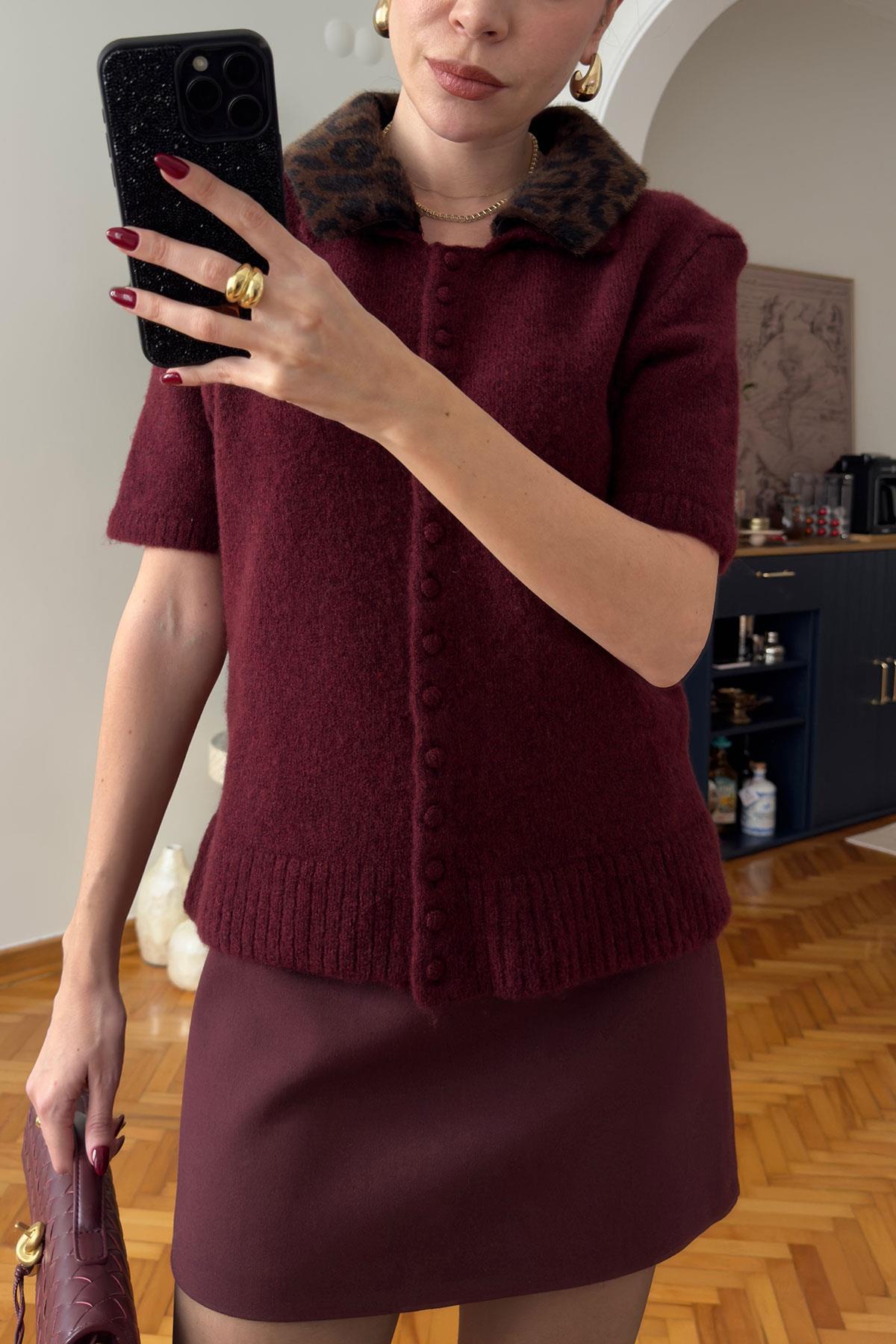 Leopar Yakalı Premium Triko- BORDO
