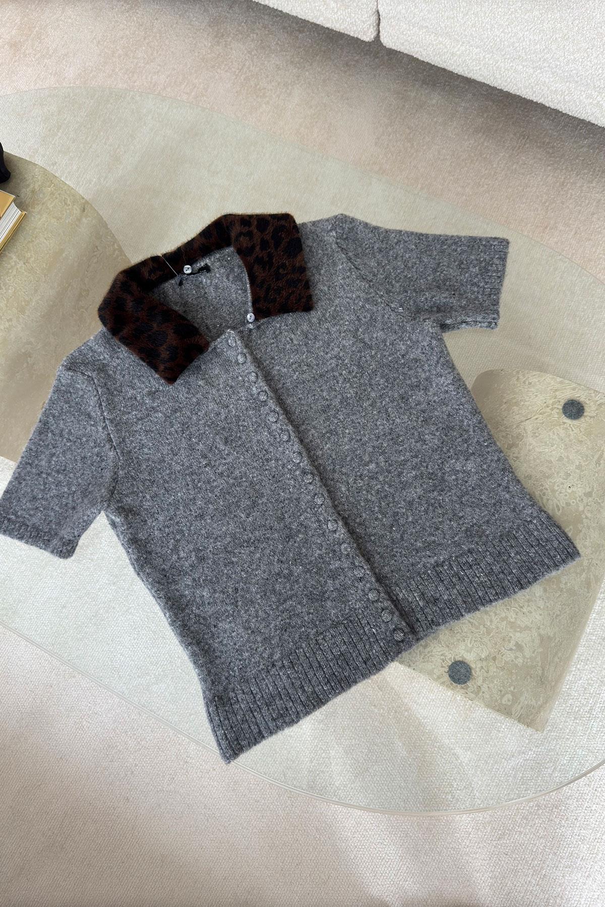 Leopar Yakalı Premium Triko- GRİ