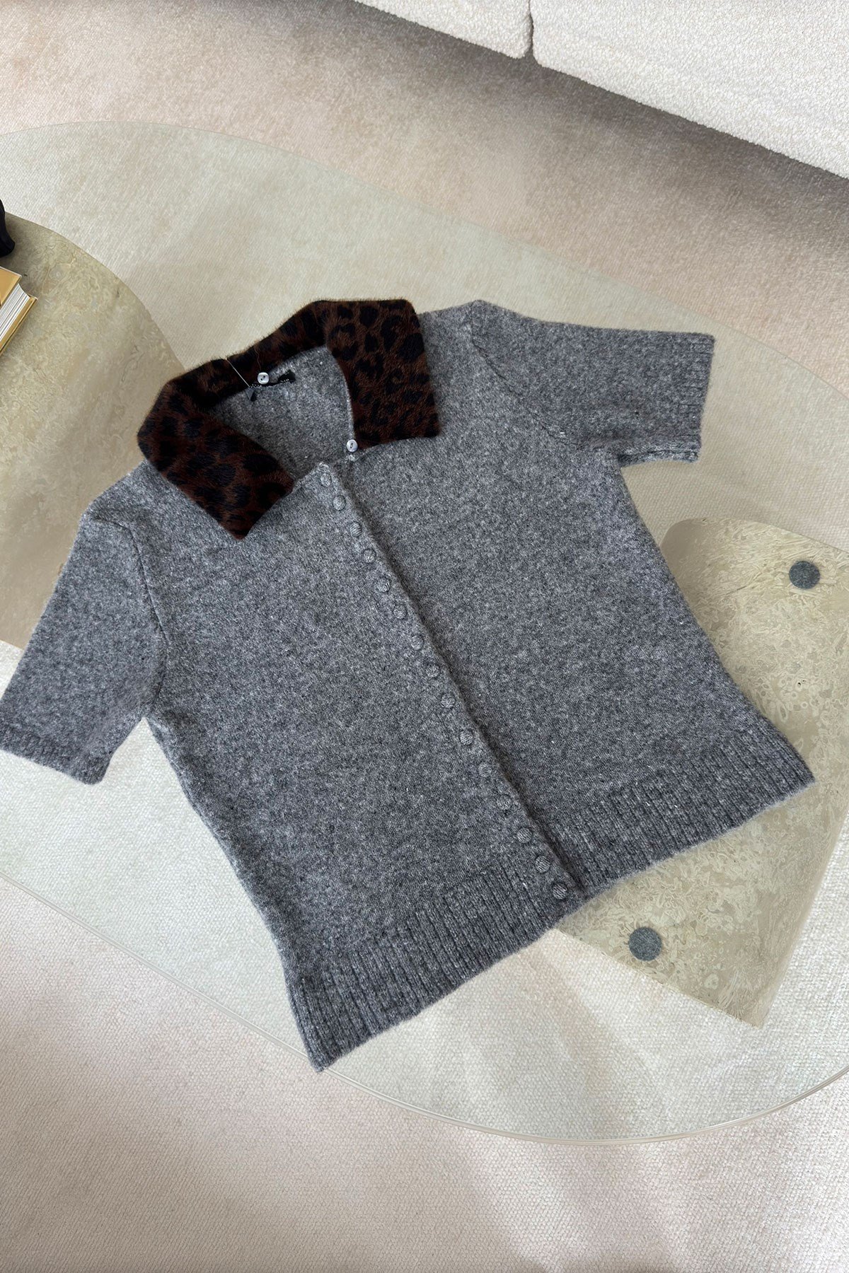 Leopar Yakalı Premium Triko- GRİ