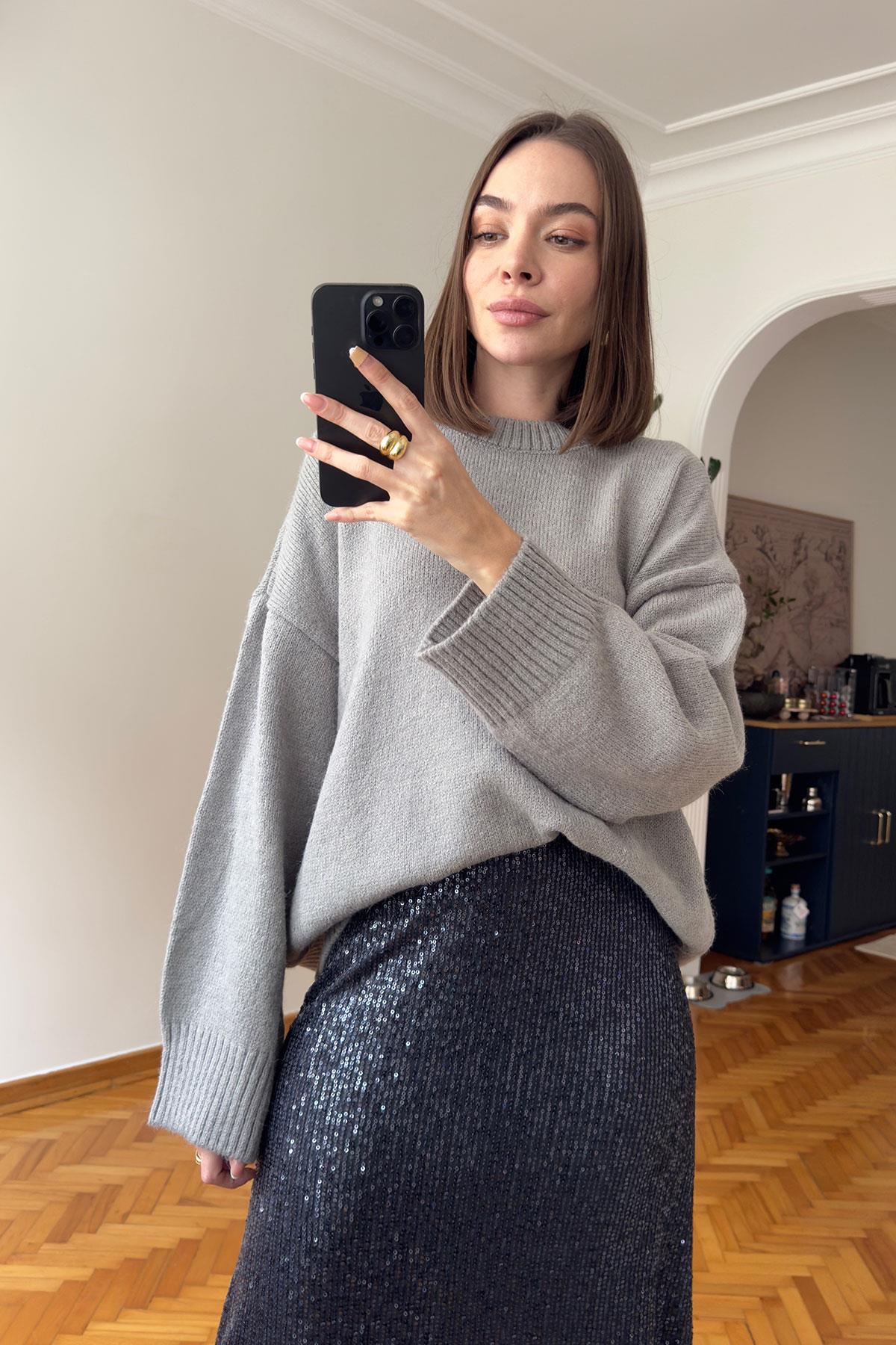Marka Model Bisiklet Yaka Oversize Kazak- GRİ