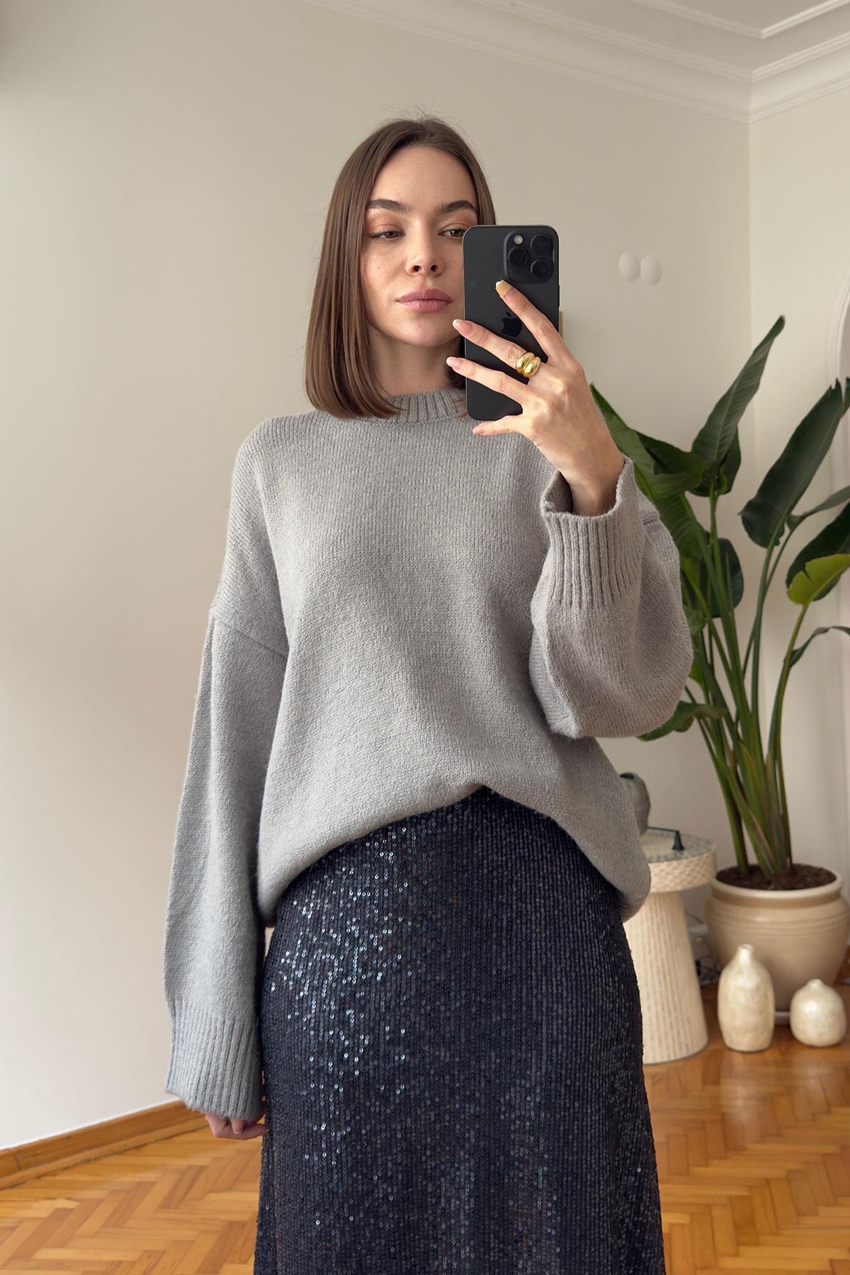 Marka Model Bisiklet Yaka Oversize Kazak- GRİ