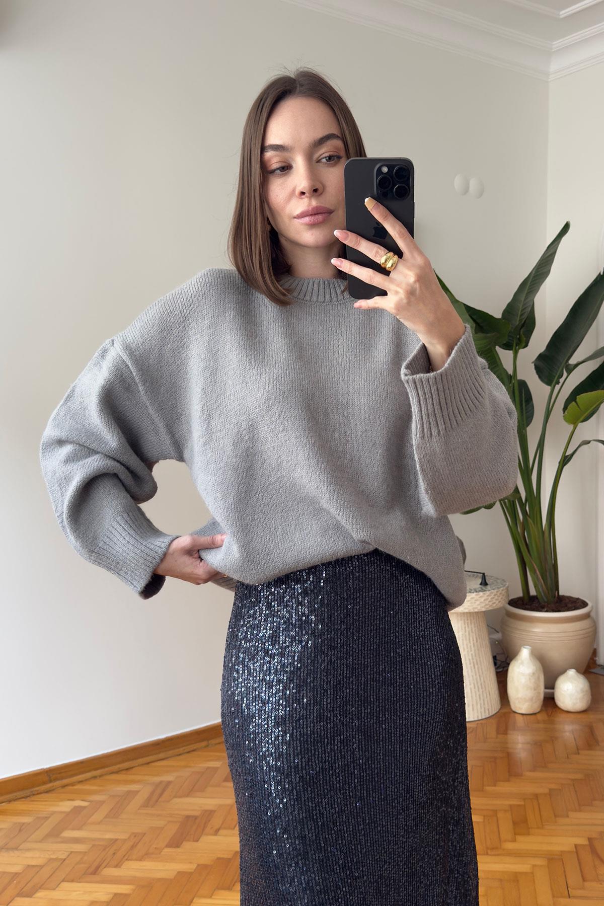 Marka Model Bisiklet Yaka Oversize Kazak- GRİ