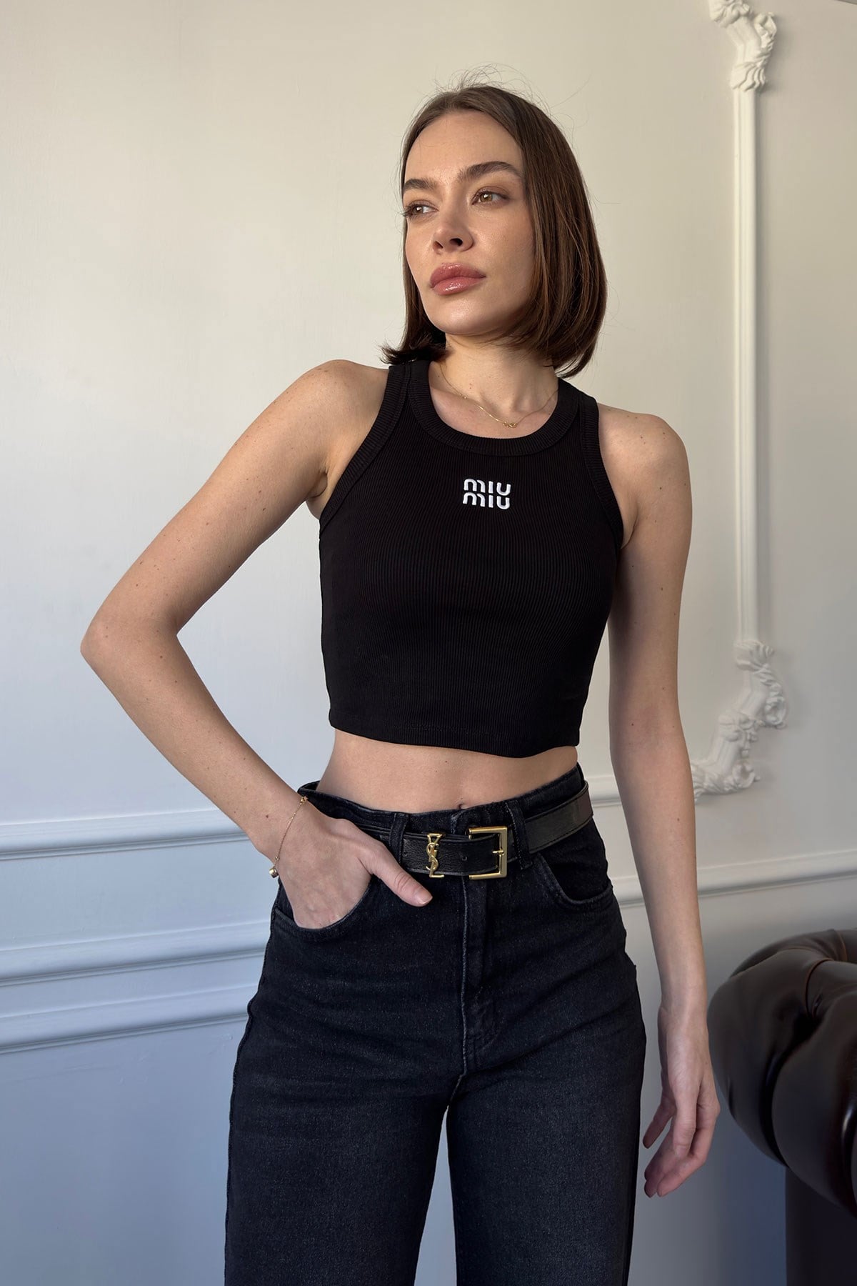 Marka Nakışlı Crop- SİYAH