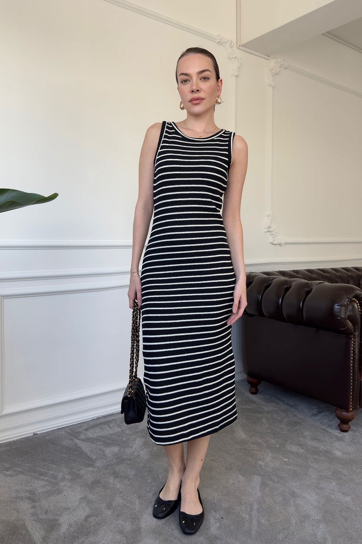 Merserize Çizgili Basic Elbise- SİYAH