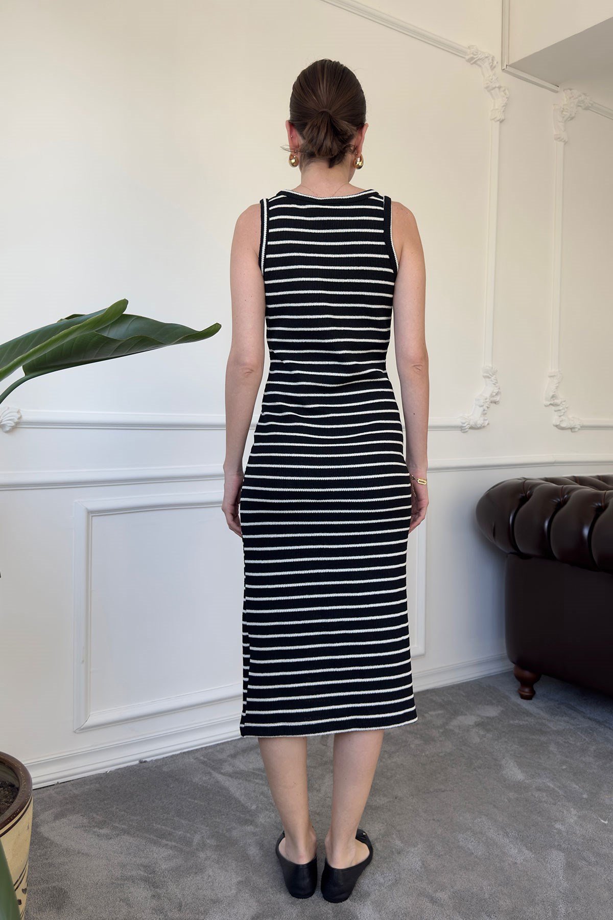 Merserize Çizgili Basic Elbise- SİYAH