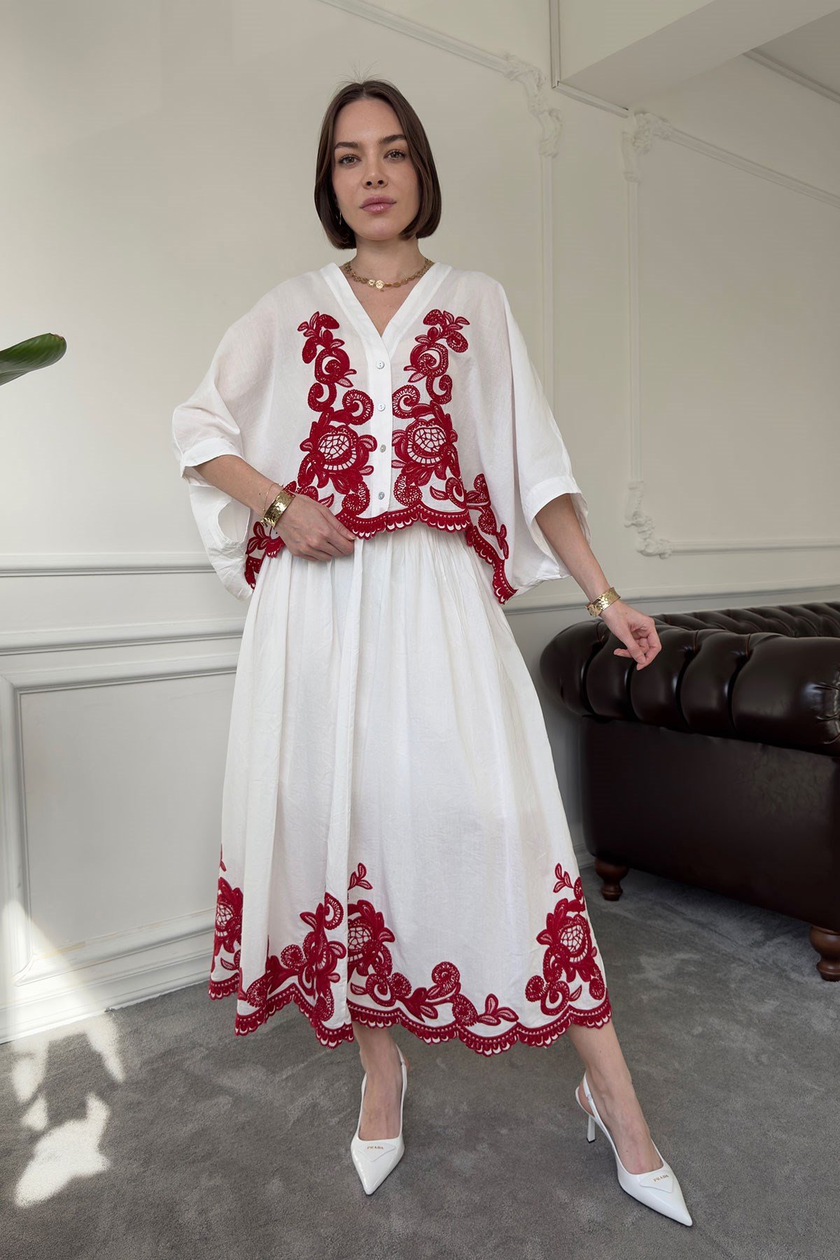 Nakışlı Bolero Etekli Takım- BORDO