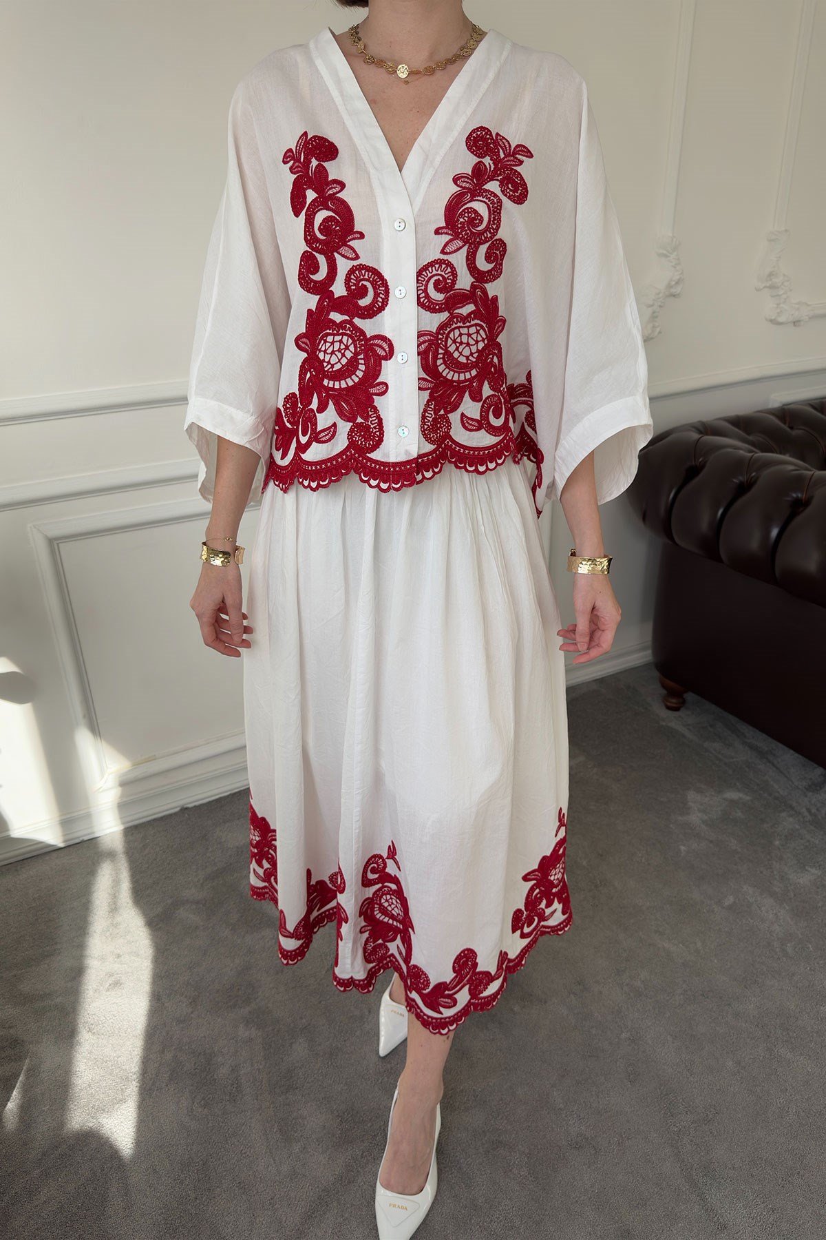 Nakışlı Bolero Etekli Takım- BORDO