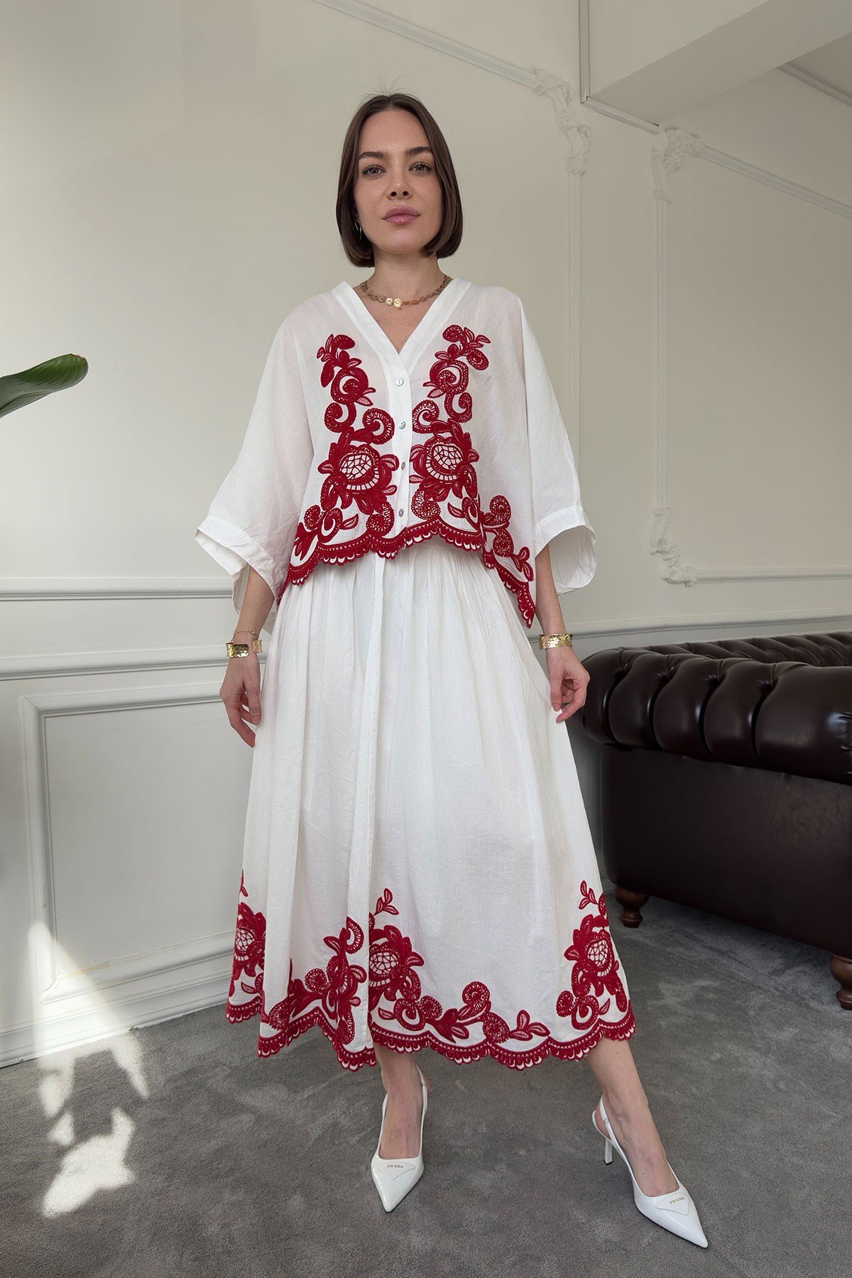 Nakışlı Bolero Etekli Takım- BORDO