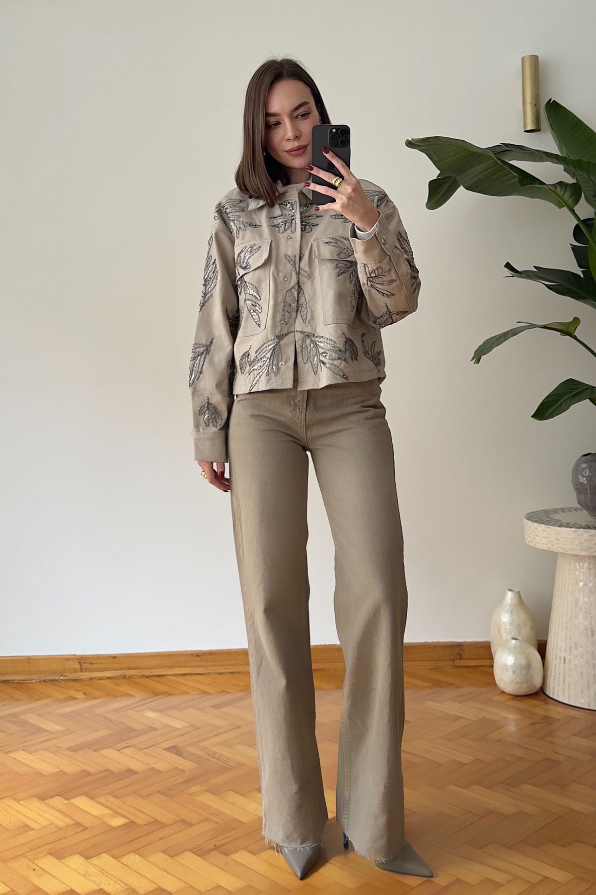 Nakışlı Premium Gabardin Ceket- BEJ