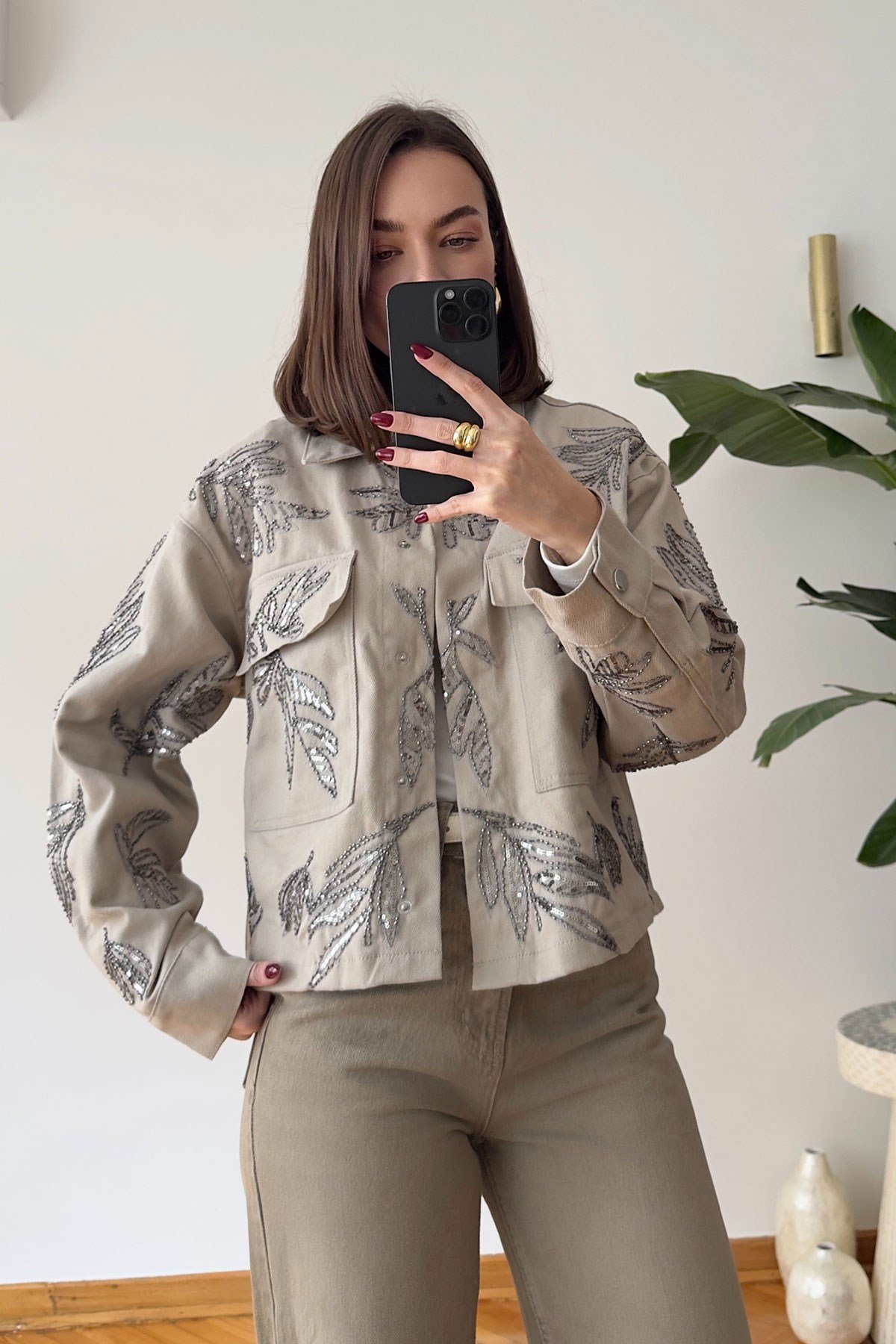 Nakışlı Premium Gabardin Ceket- BEJ