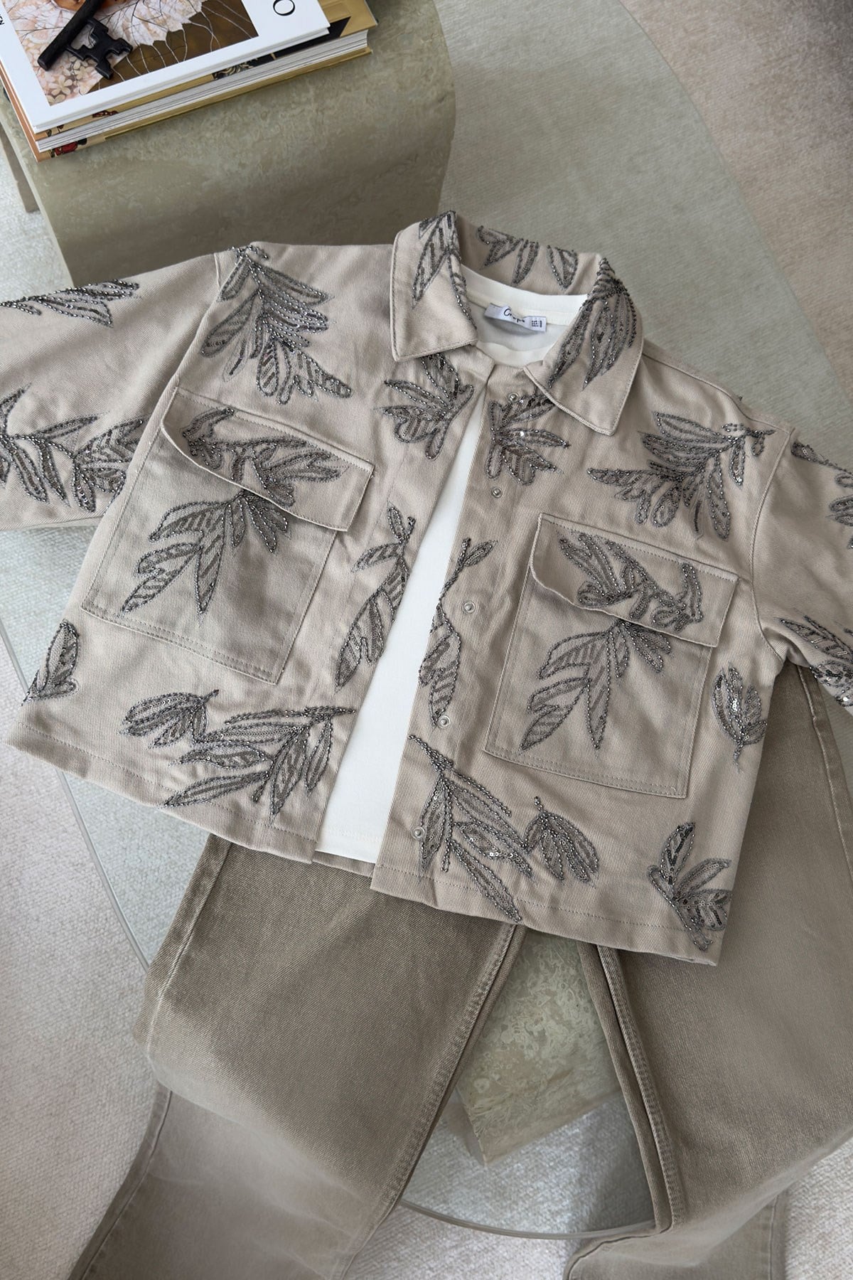 Nakışlı Premium Gabardin Ceket- BEJ