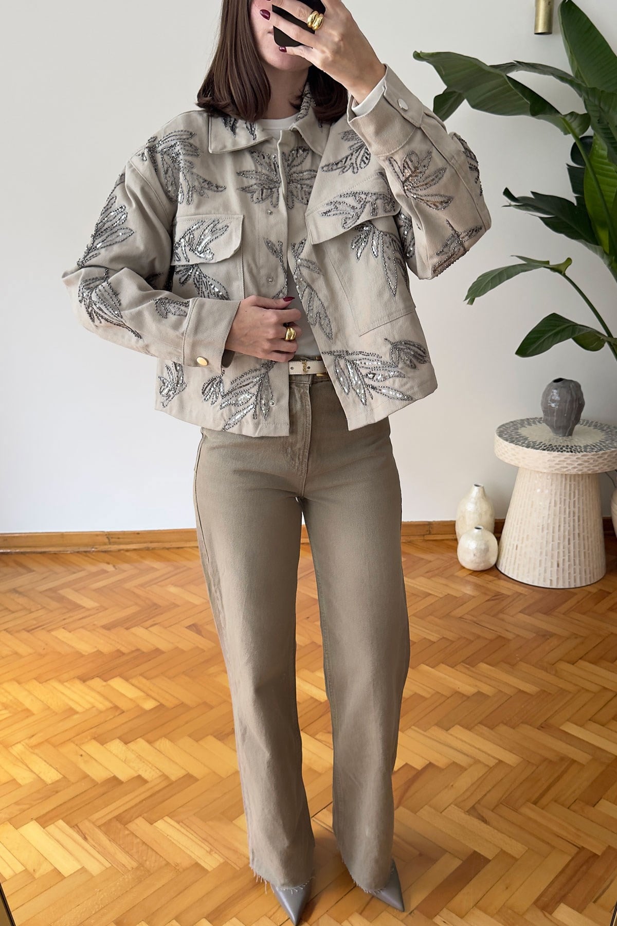 Nakışlı Premium Gabardin Ceket- BEJ