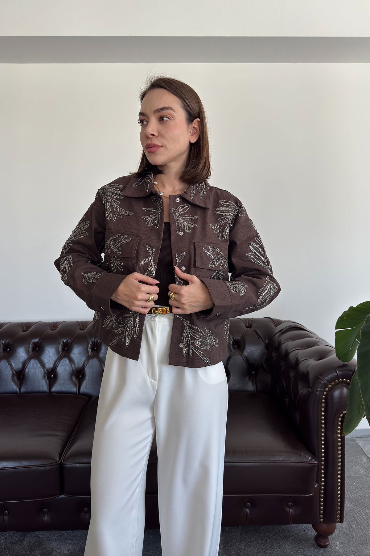 Nakışlı Premium Gabardin Ceket- KAHVERENGİ