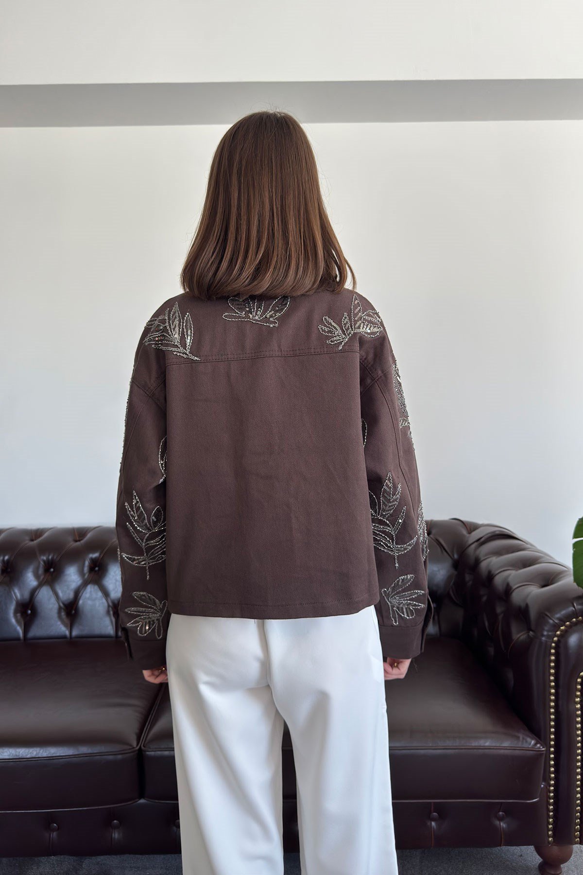 Nakışlı Premium Gabardin Ceket- KAHVERENGİ