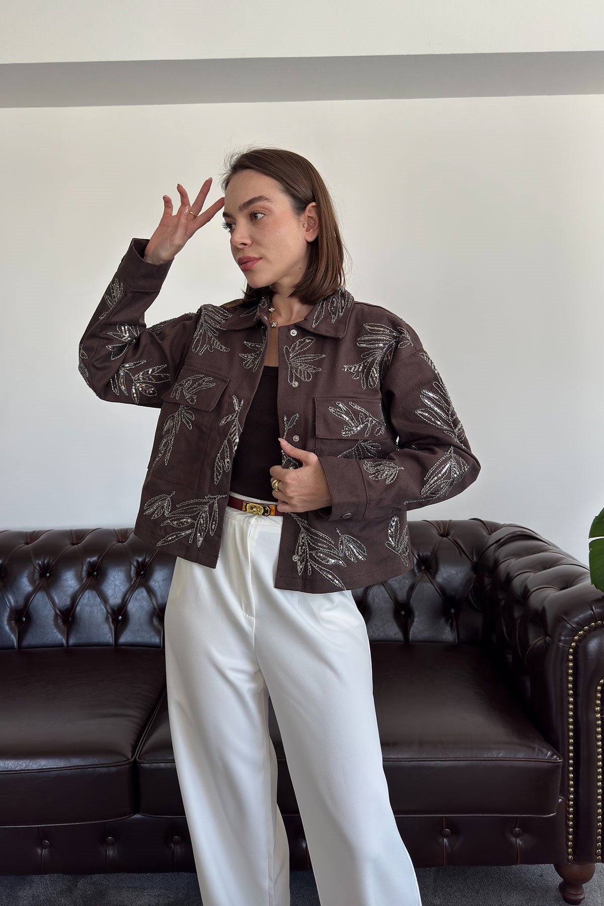 Nakışlı Premium Gabardin Ceket- KAHVERENGİ