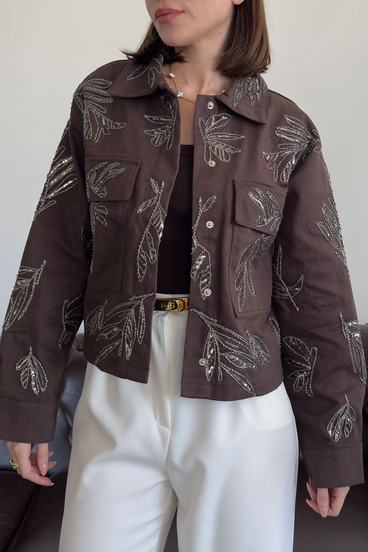 Nakışlı Premium Gabardin Ceket- KAHVERENGİ
