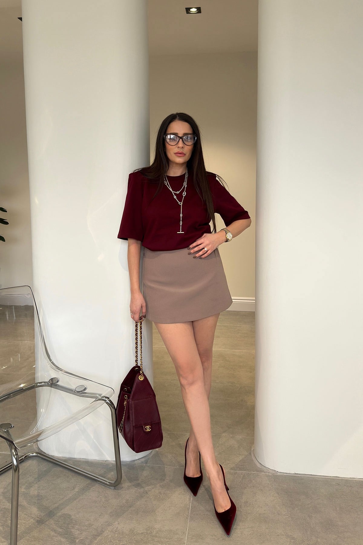 Omuz Vatkalı Premium T-shirt- BORDO