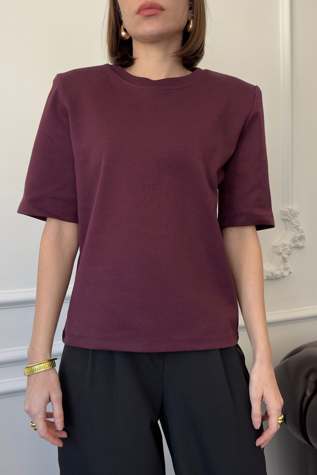 Omuz Vatkalı Premium T-shirt- BORDO