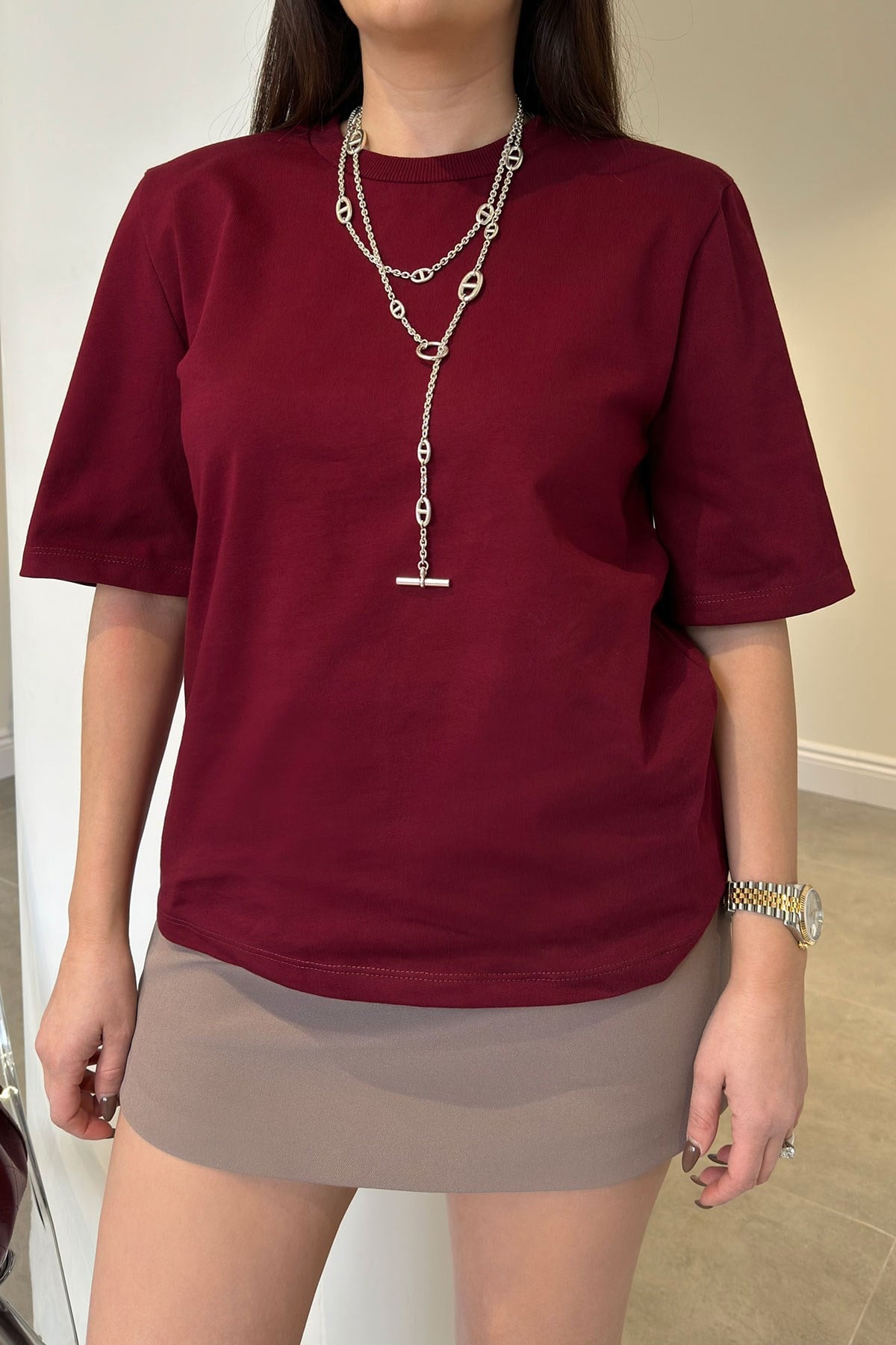 Omuz Vatkalı Premium T-shirt- BORDO