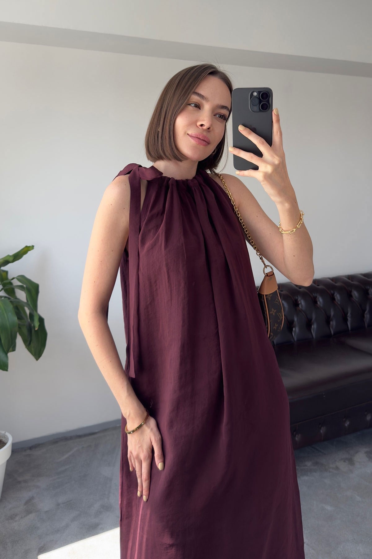 Omuzdan Bağlamalı Premium Elbise- BORDO