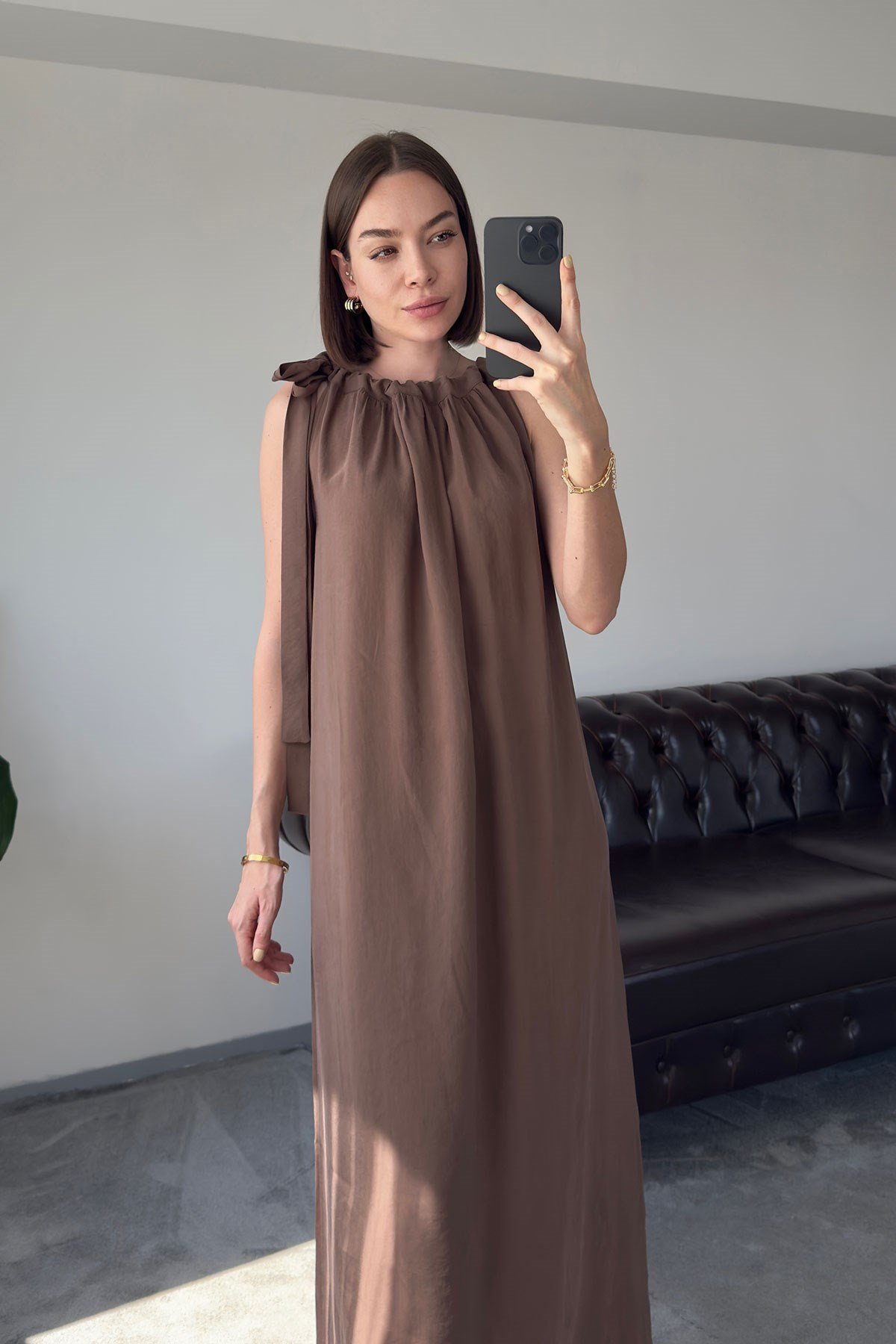 Omuzdan Bağlamalı Premium Elbise- KAHVERENGİ