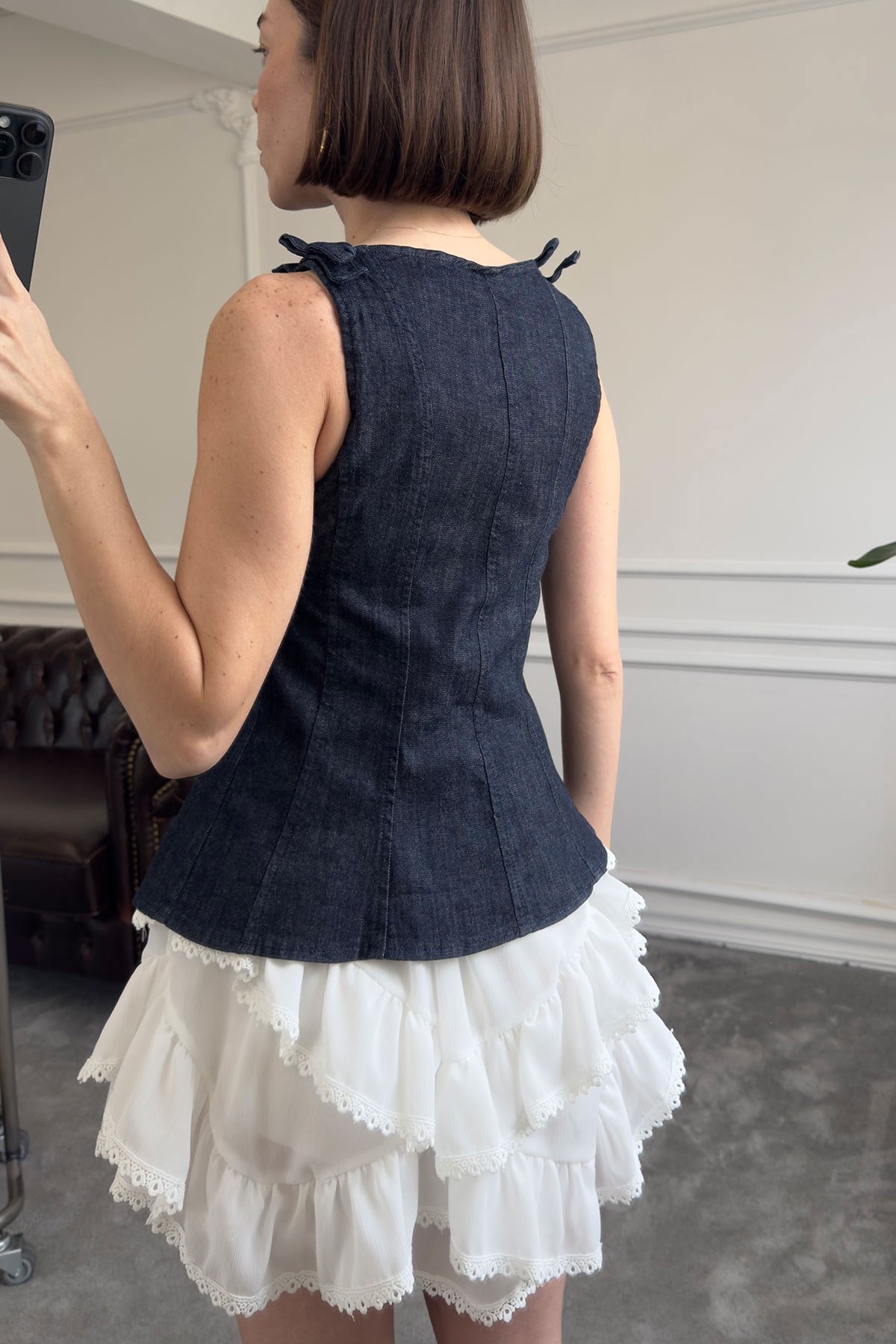 Omuzu Fiyonklu Denim Bluz- MAVİ