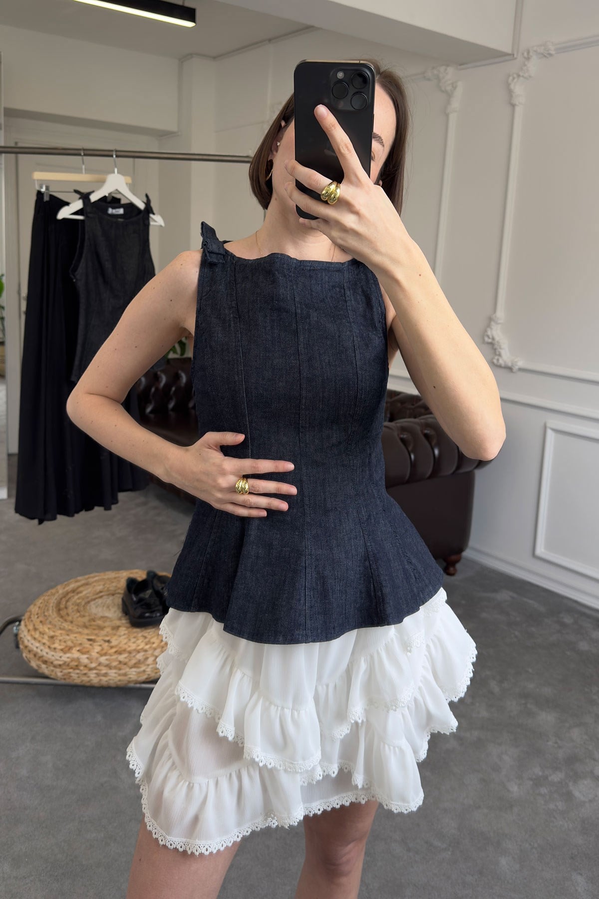 Omuzu Fiyonklu Denim Bluz- MAVİ