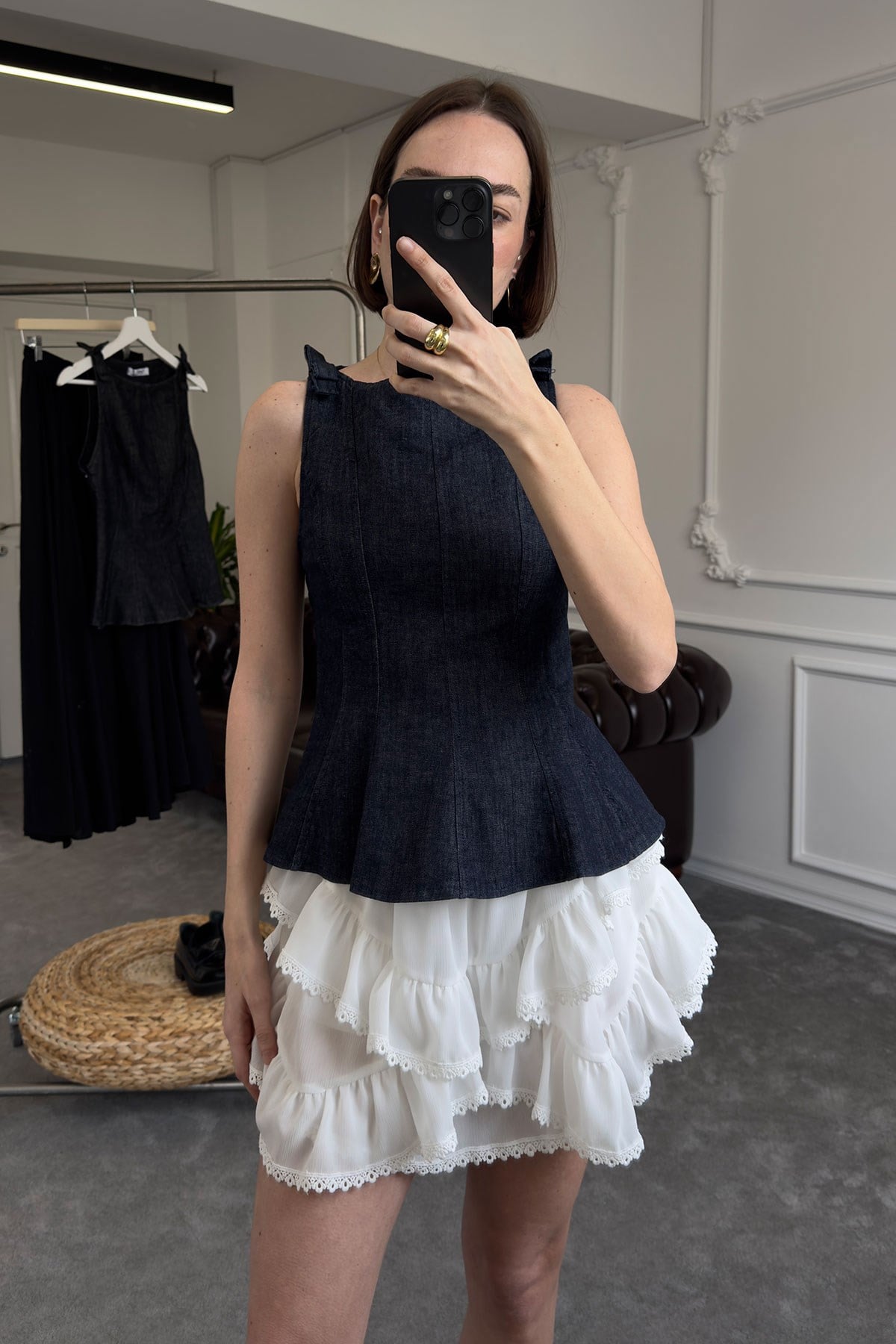 Omuzu Fiyonklu Denim Bluz- MAVİ