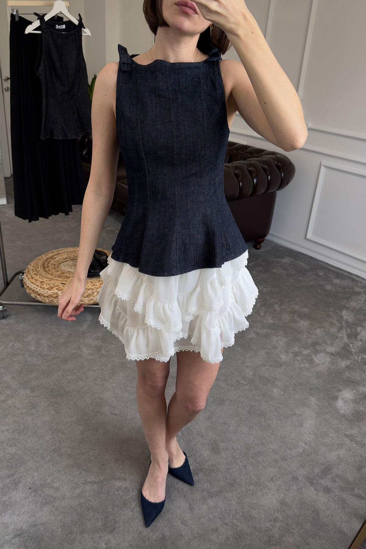 Omuzu Fiyonklu Denim Bluz- MAVİ
