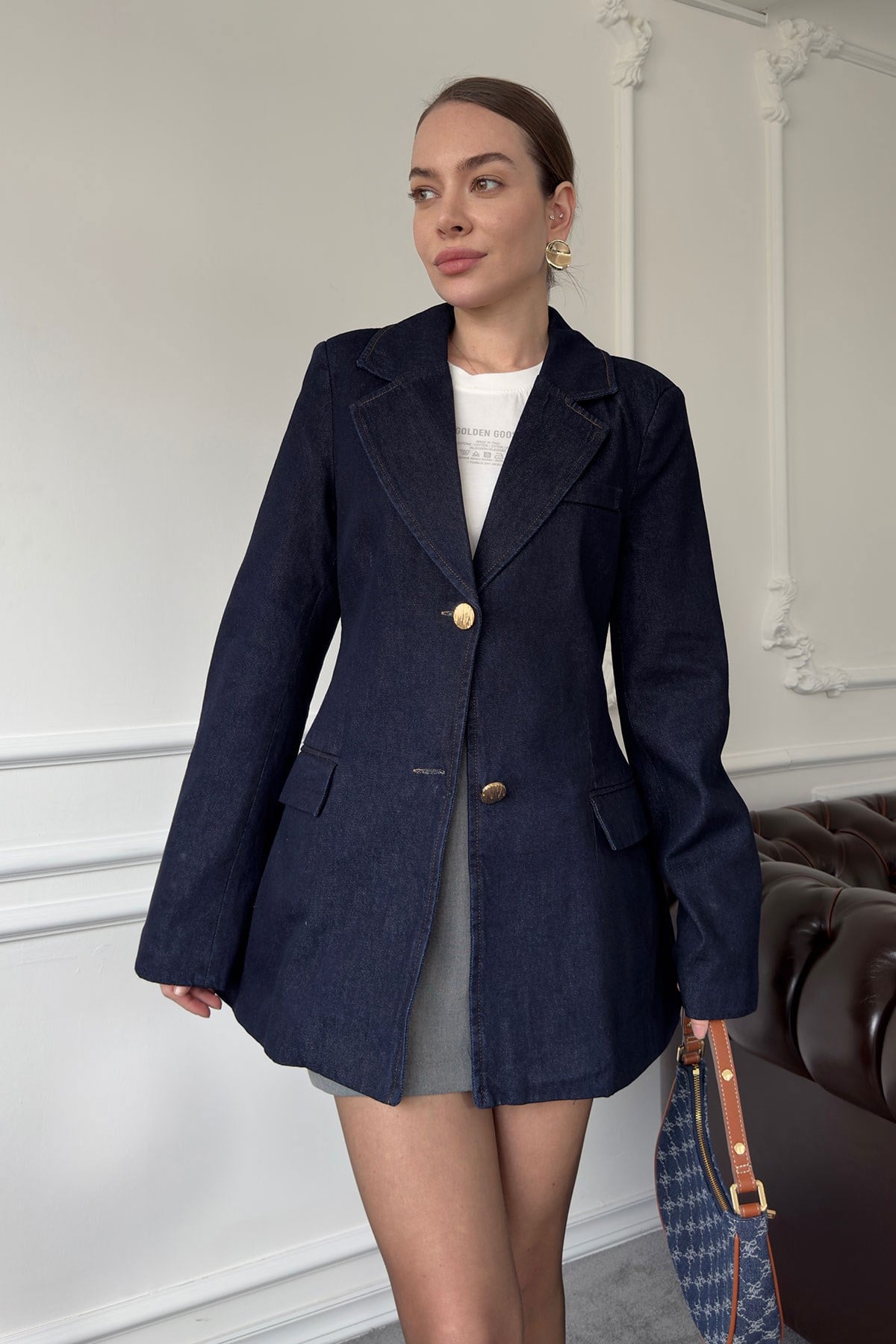 Omuzu Vatkalı Denim Ceket- MAVİ