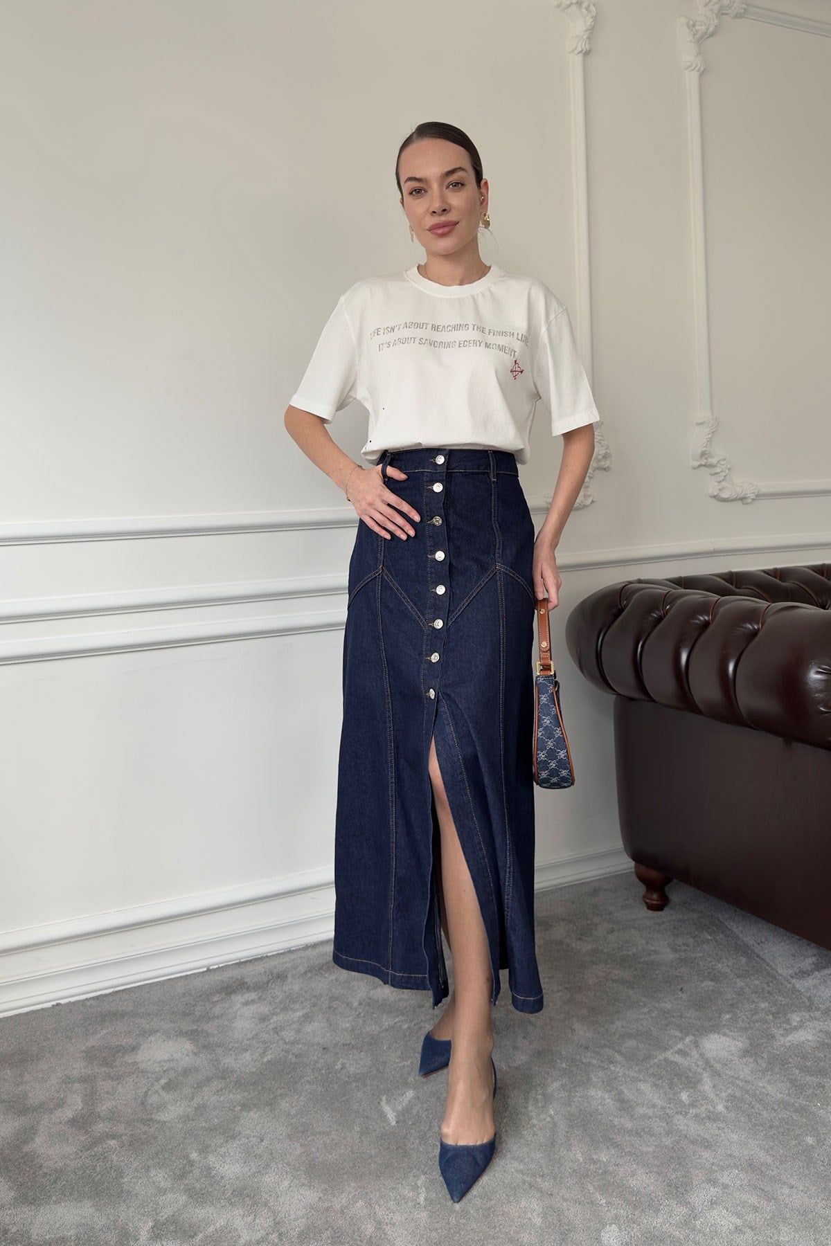 Önü Düğmeli Tasarım Denim Etek- MAVİ