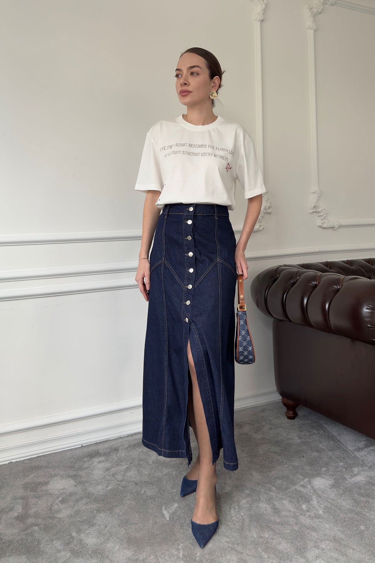 Önü Düğmeli Tasarım Denim Etek- MAVİ