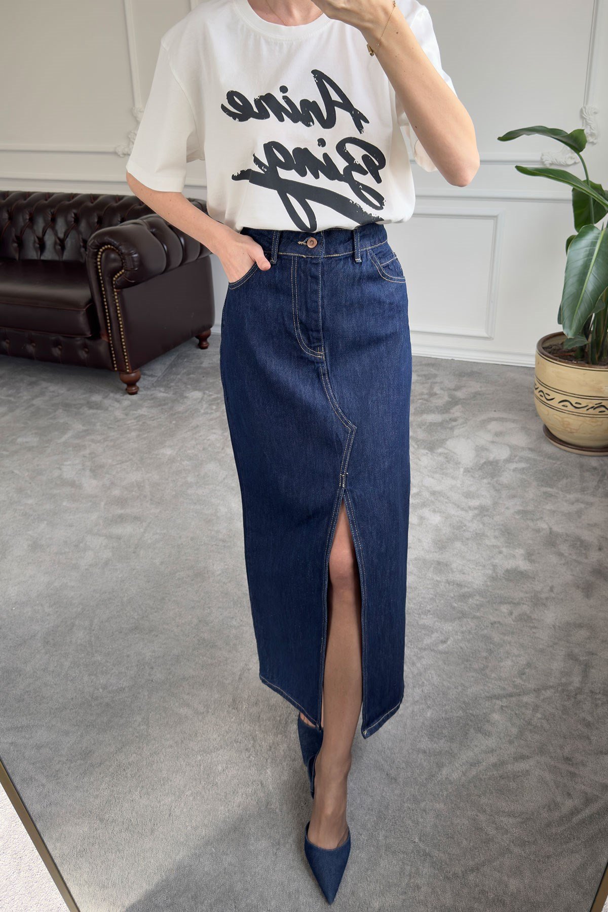 Önü Yırtmaçlı Denim Etek- MAVİ