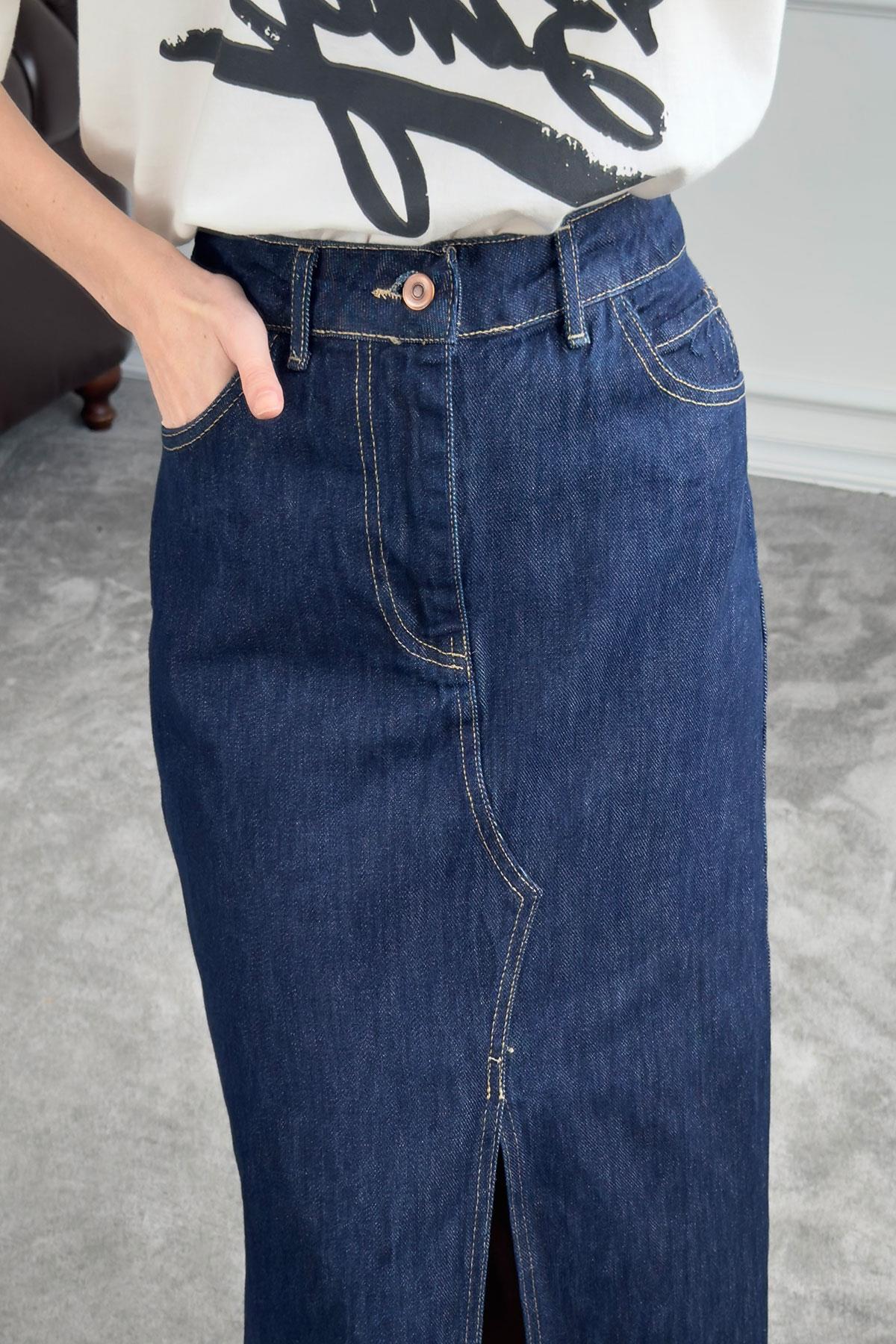 Önü Yırtmaçlı Denim Etek- MAVİ