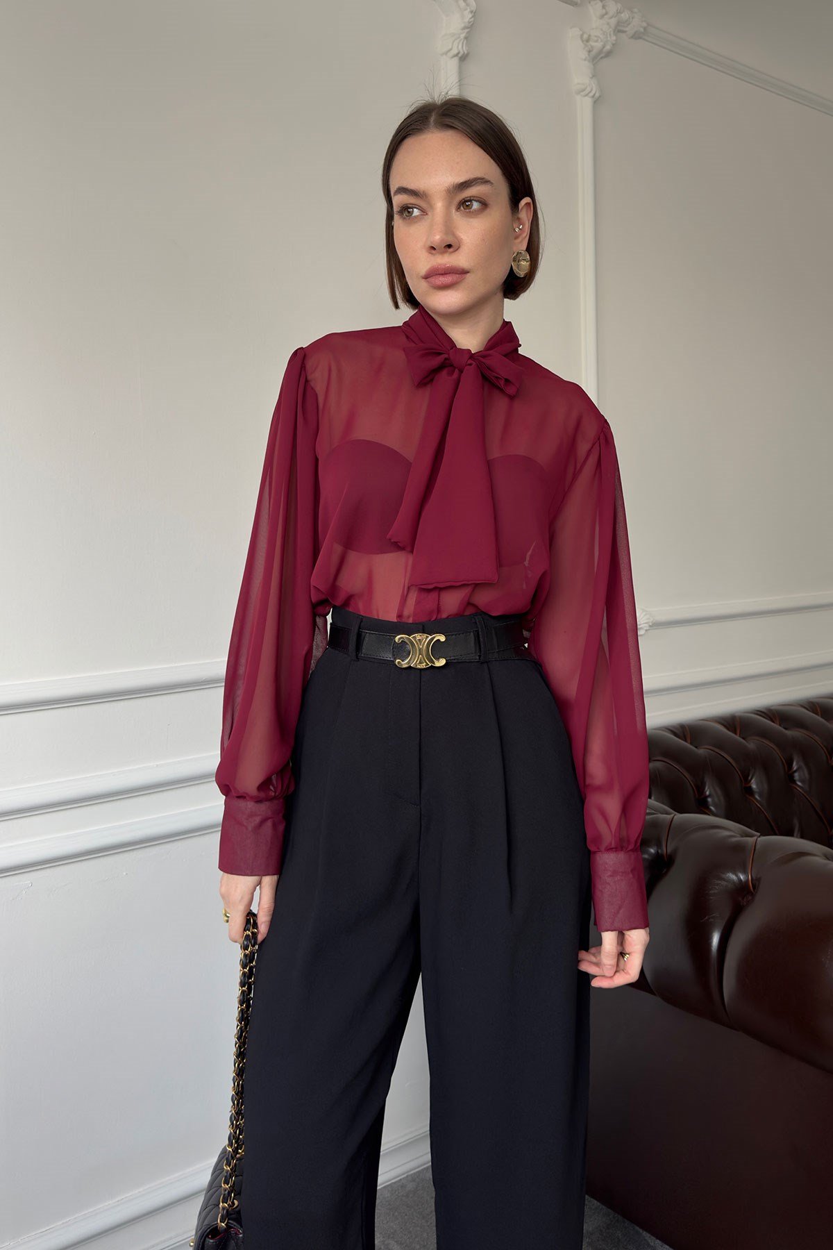 Oversize Bağlamalı Tül Gömlek- BORDO