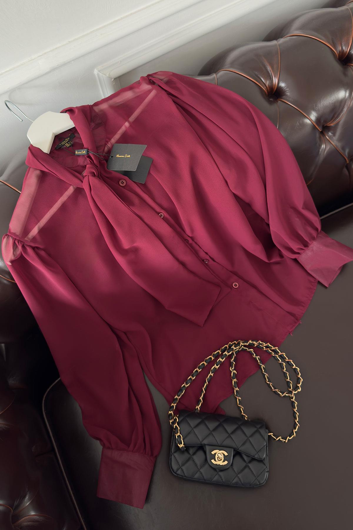Oversize Bağlamalı Tül Gömlek- BORDO