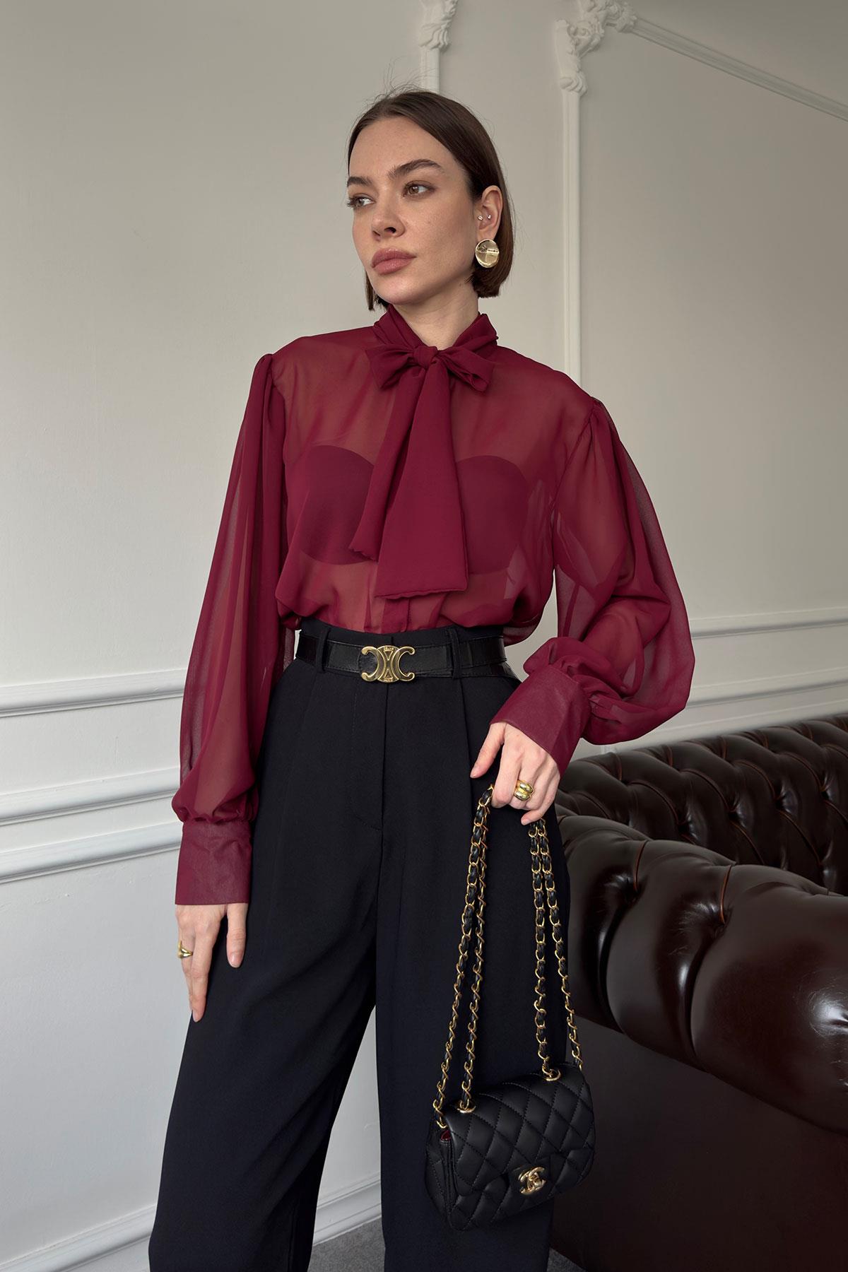 Oversize Bağlamalı Tül Gömlek- BORDO
