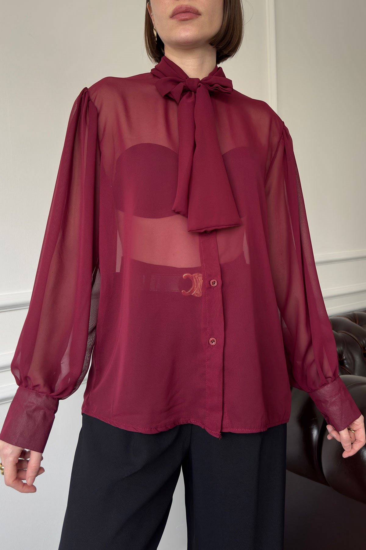 Oversize Bağlamalı Tül Gömlek- BORDO
