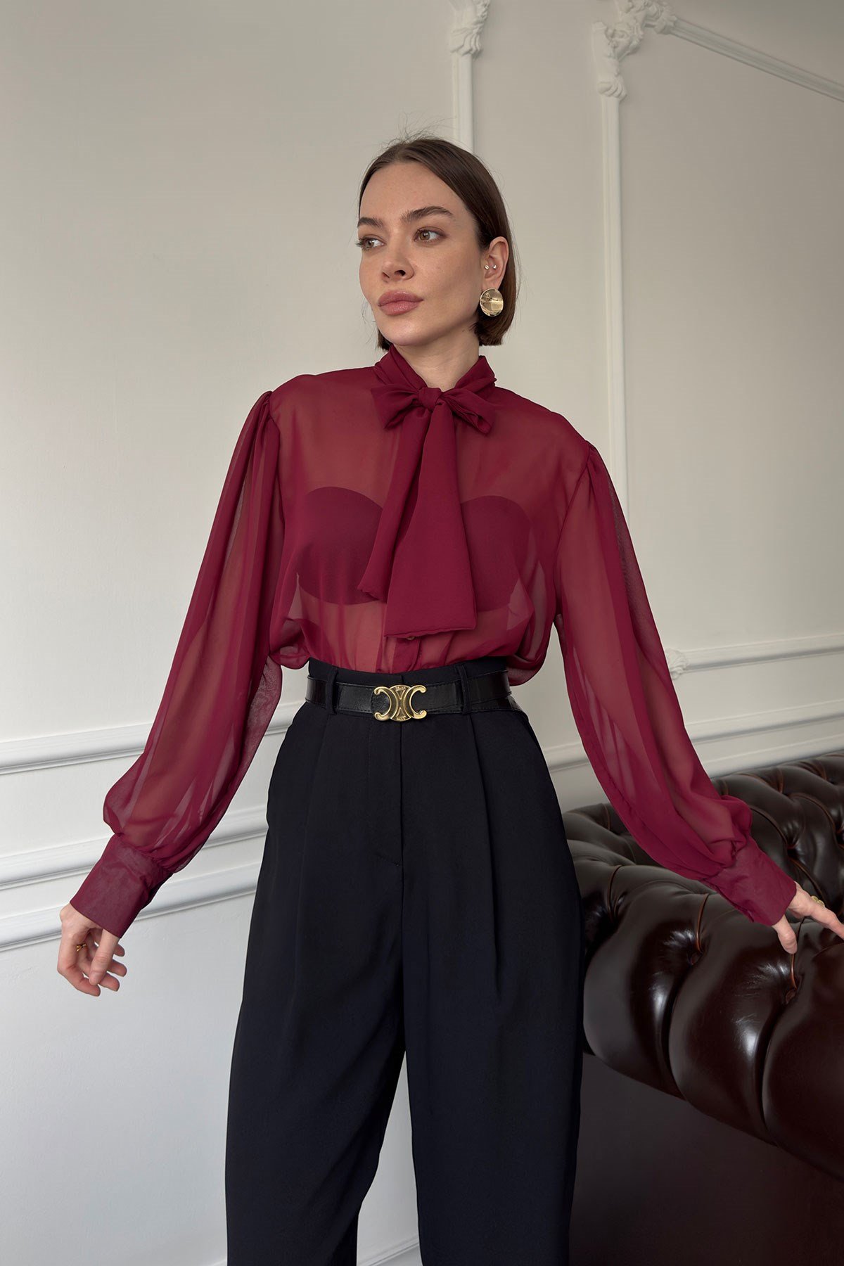 Oversize Bağlamalı Tül Gömlek- BORDO