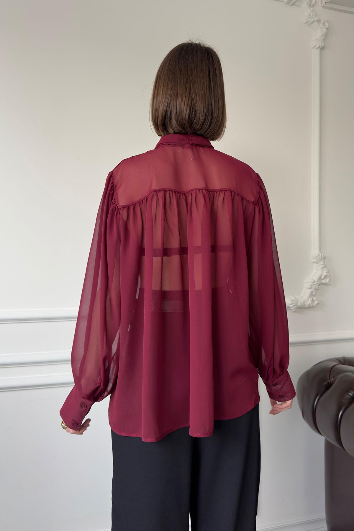 Oversize Bağlamalı Tül Gömlek- BORDO