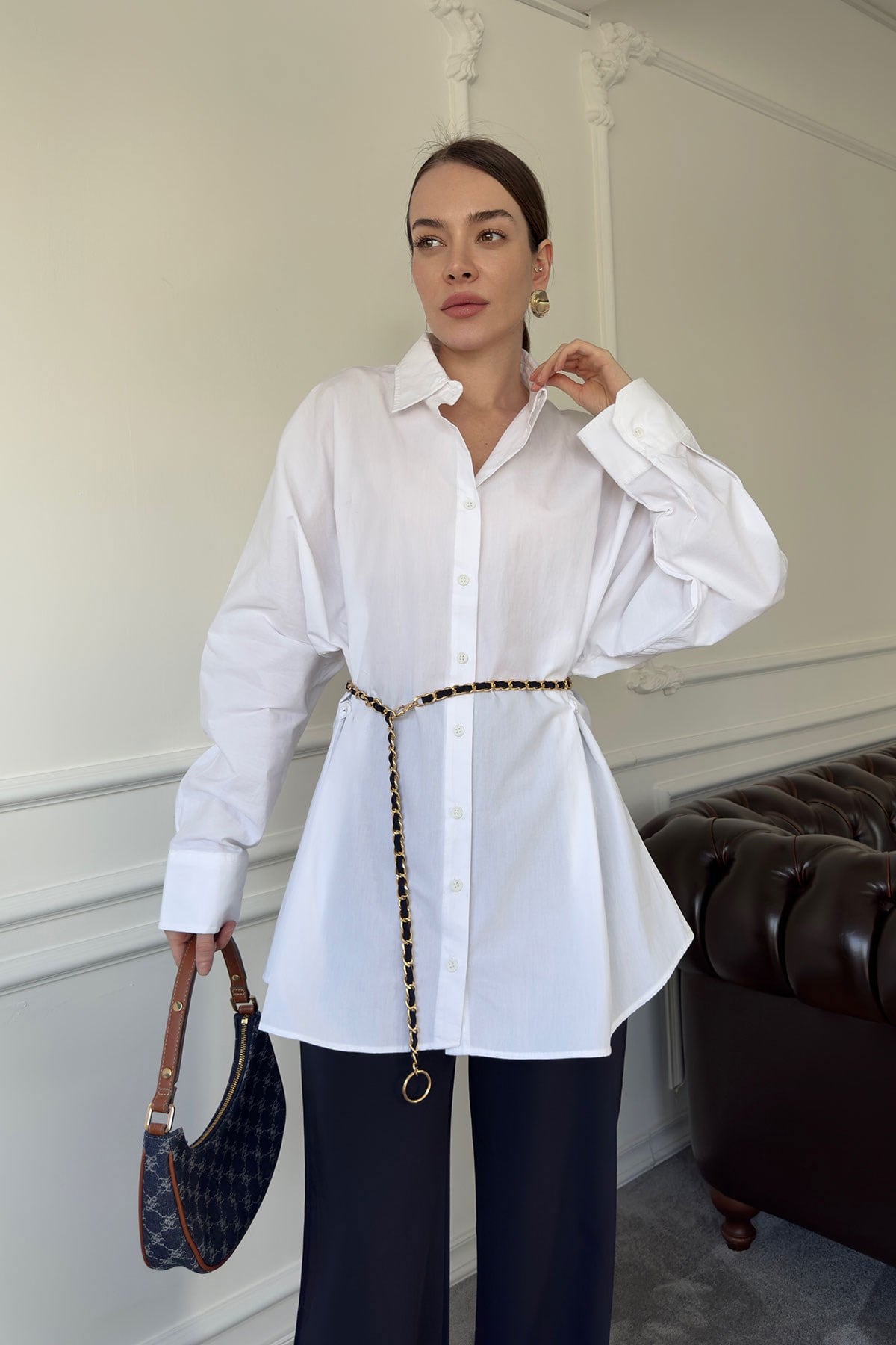 Oversize Düğmeli Premium Gömlek- BEYAZ