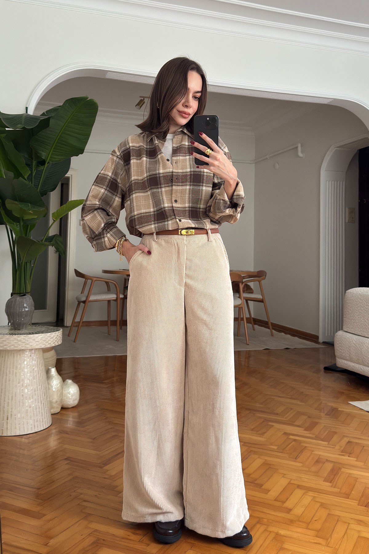Oversize Ekose Desen Oduncu Gömlek- KAHVERENGİ